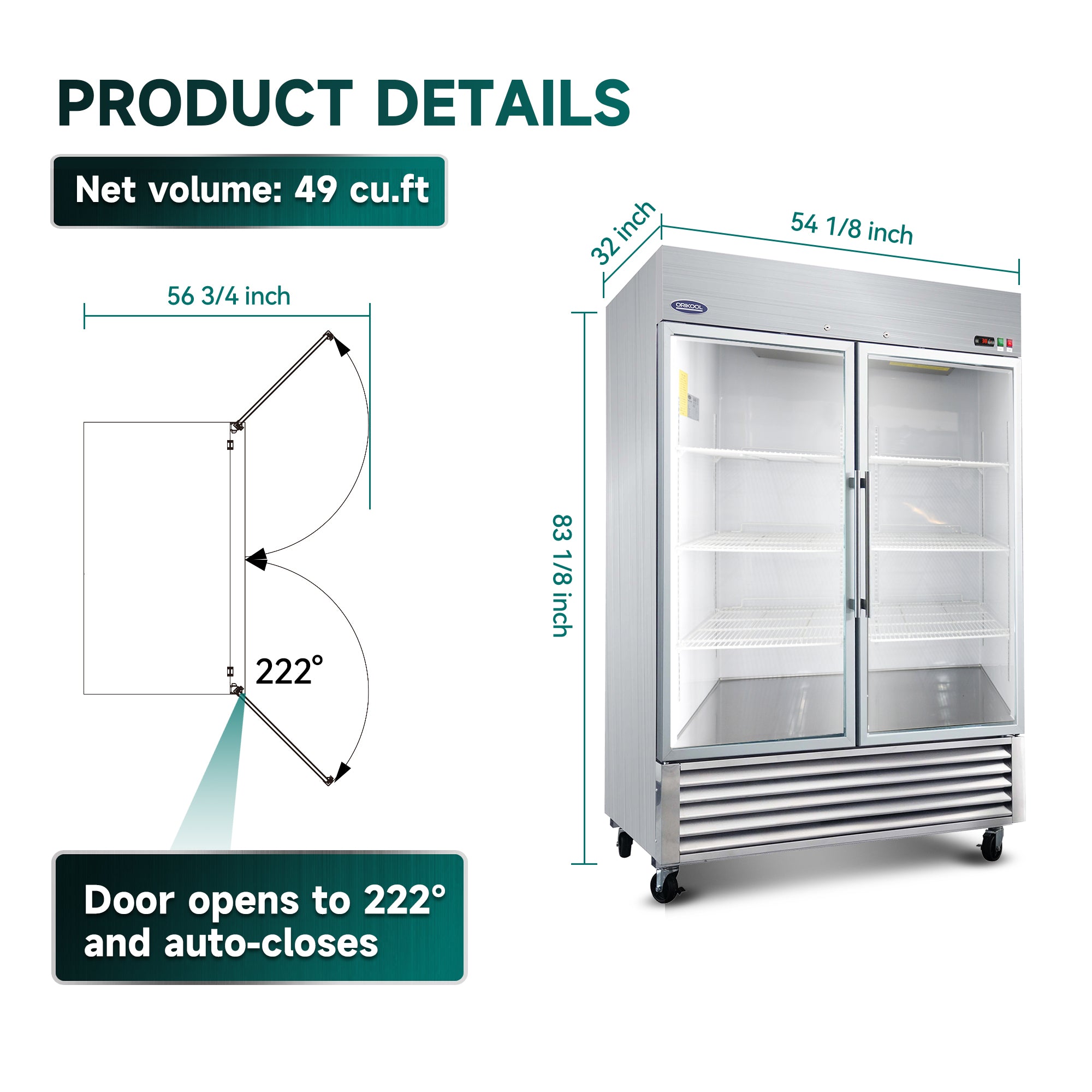 Refrigerador comercial ORIKOOL de 54" de acero inoxidable, 2 puertas de vidrio, 49 pies cúbicos.