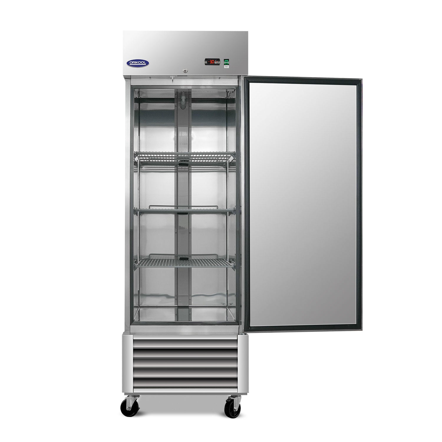 Congelador comercial vertical ORIKOOL de 27" en acero inoxidable, 1 puerta sólida, 23 pies cúbicos.