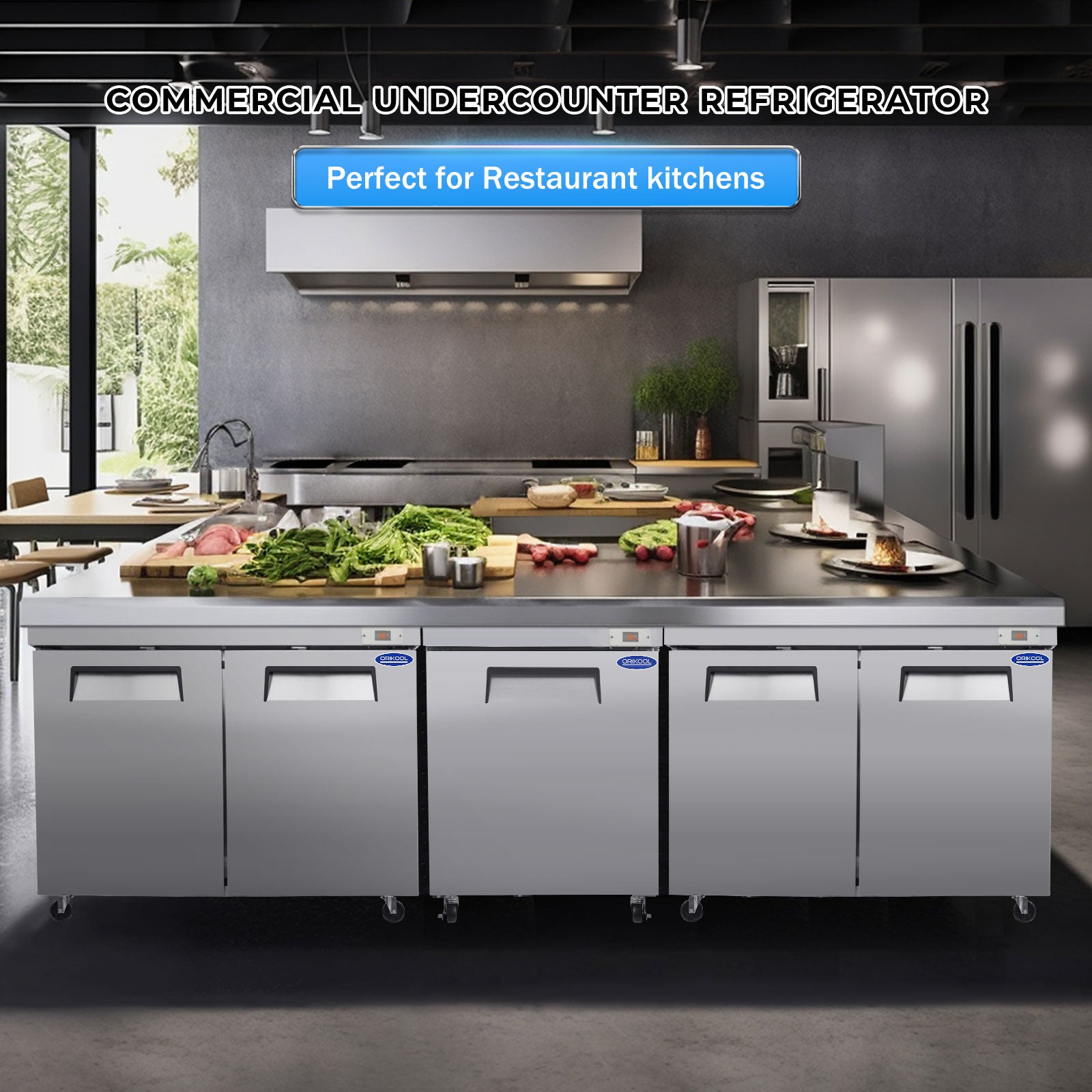 Refrigerador ORIKOOL de 48'' con 2 puertas, debajo del mostrador y sobre encimera, en acero inoxidable, 14,1 pies cúbicos.