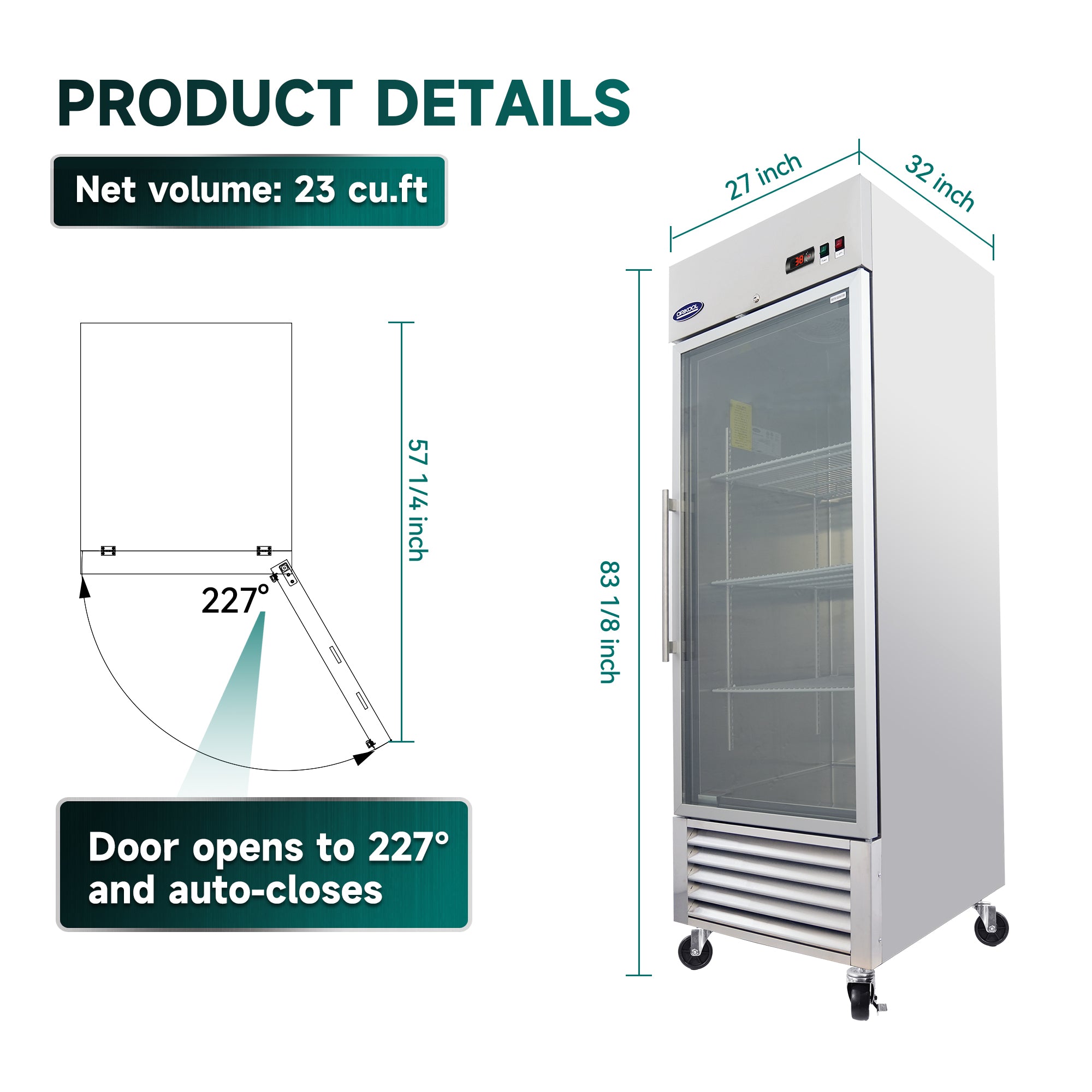 ORIKOOL 27" Commercial Reach-In Refrigerator in Stainless Steel, 1 Glass Door, 23 cu.ft.