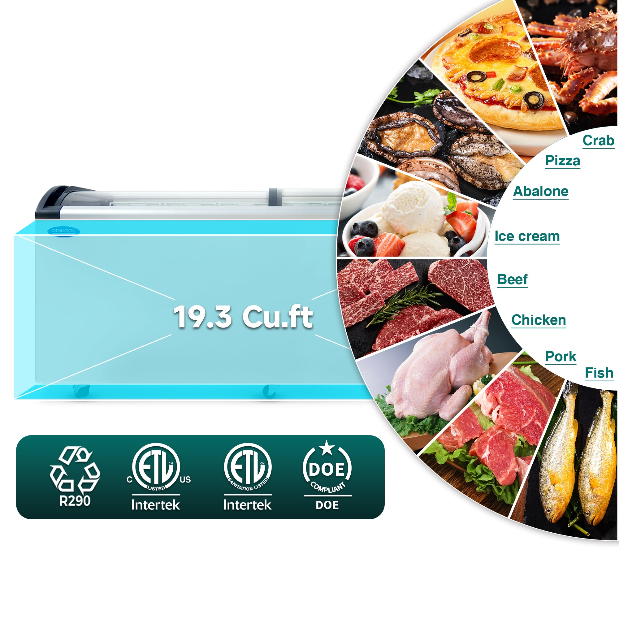 Congelador comercial para helados ORIKOOL de 71", con tapa curva, puerta corrediza de vidrio y capacidad de 19.3 pies cúbicos.