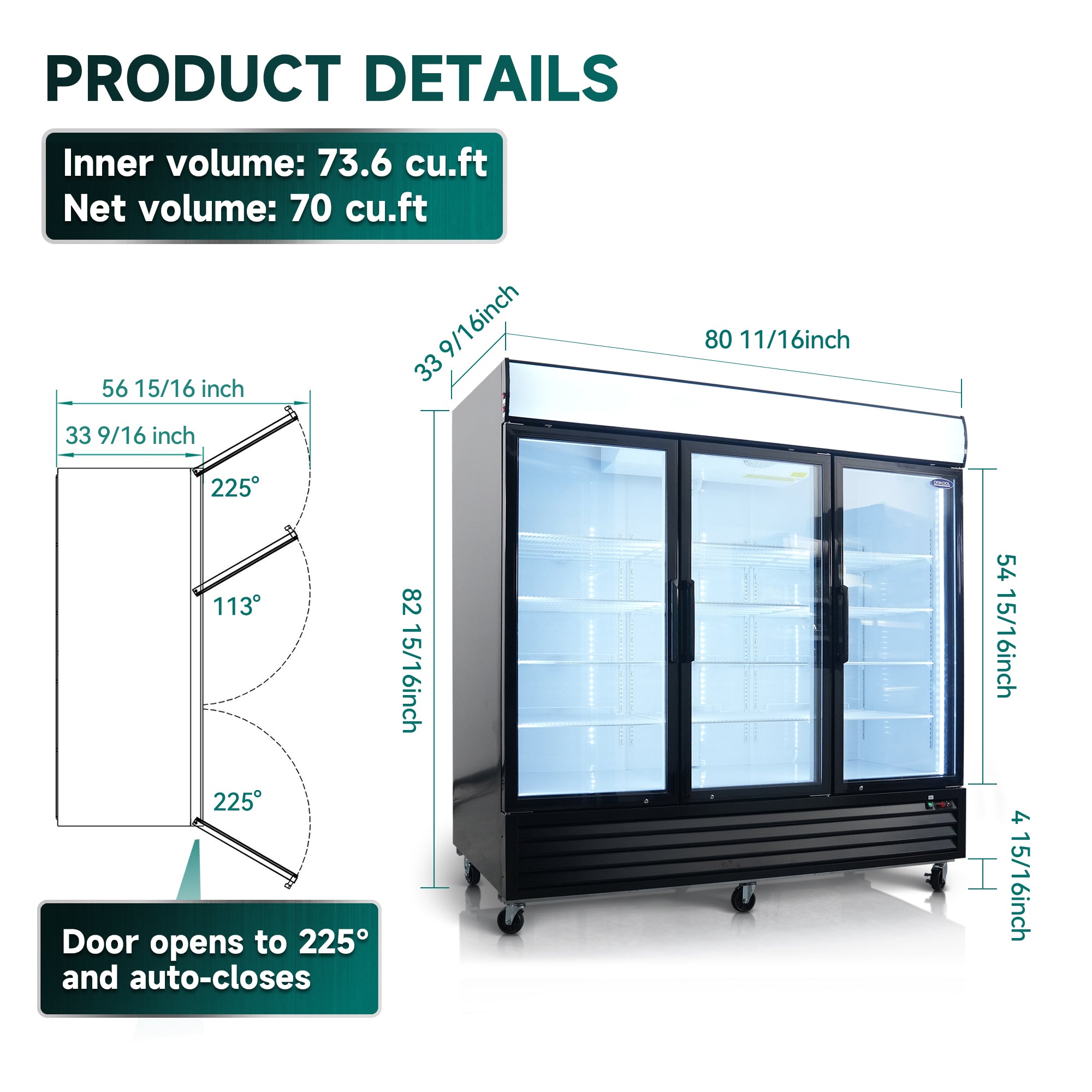 Expositor comercial ORIKOOL de 81", 3 puertas batientes de vidrio, 70 pies cúbicos, con iluminación LED y panel superior