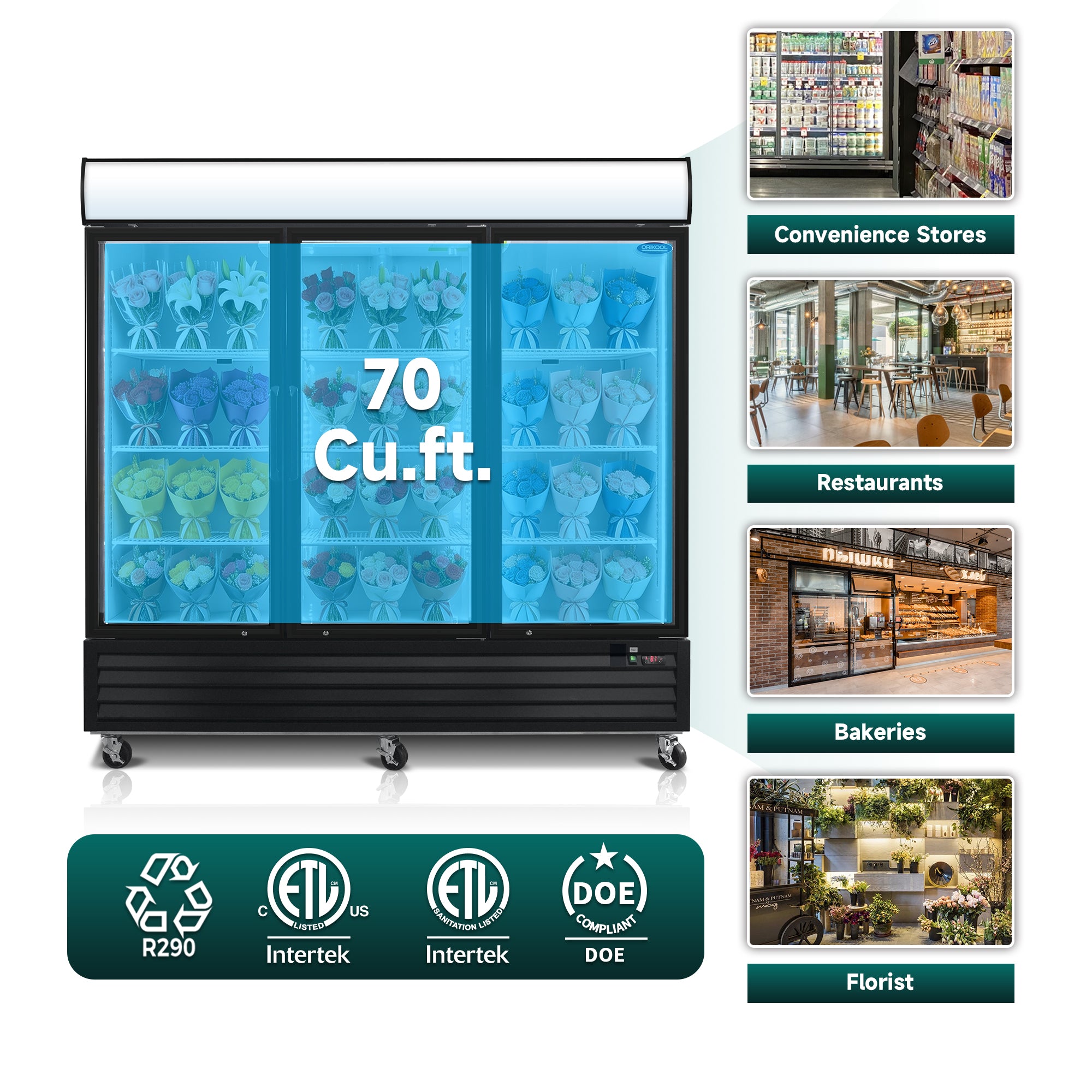 ORIKOOL 81" Commercial Flower Display Merchandiser Refrigerator, 3 Swing Glass Doors, 70 cu.ft. with LED Lighting and Top Panel - Orikool