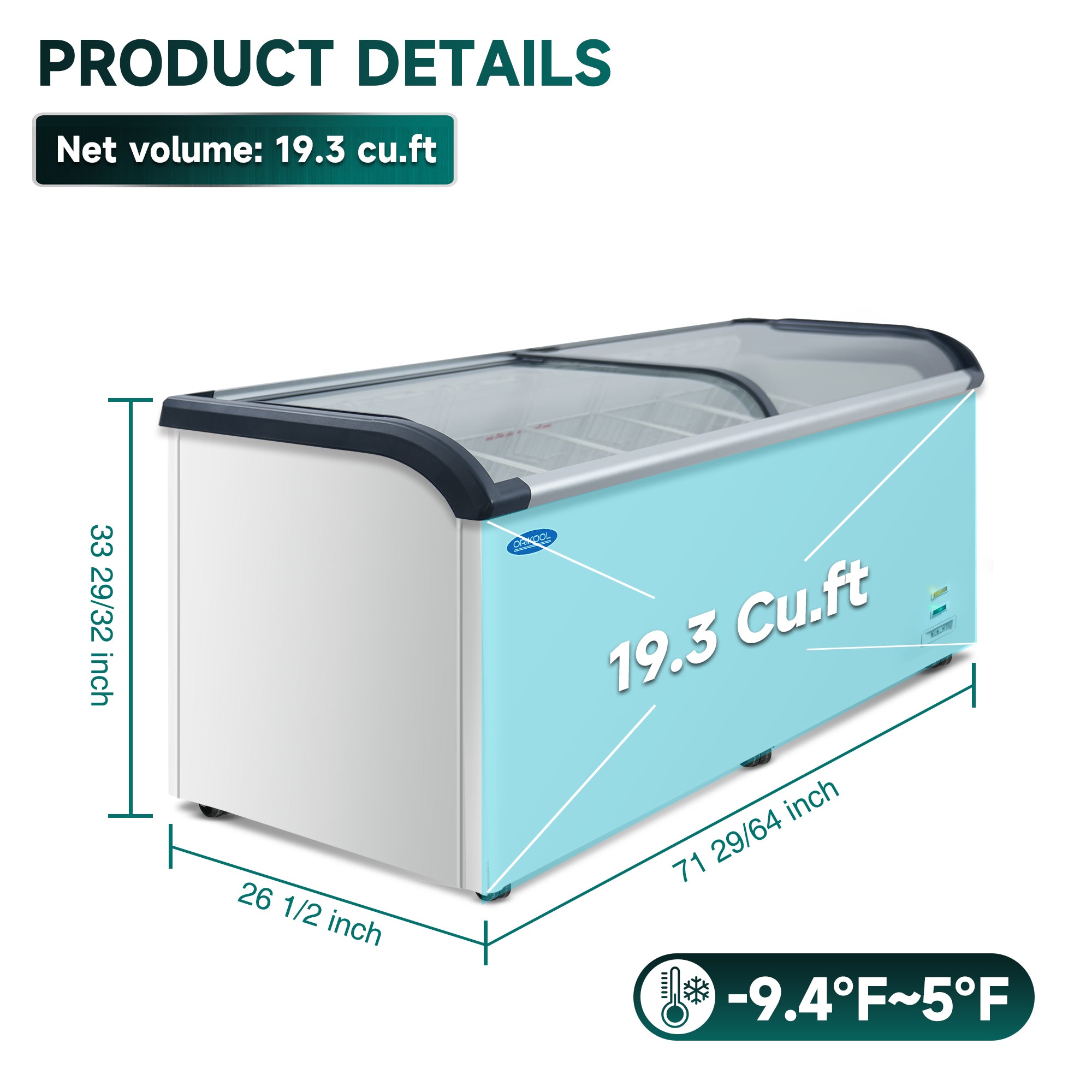Congelador comercial para helados ORIKOOL de 71", con tapa curva, puerta corrediza de vidrio y capacidad de 19.3 pies cúbicos.