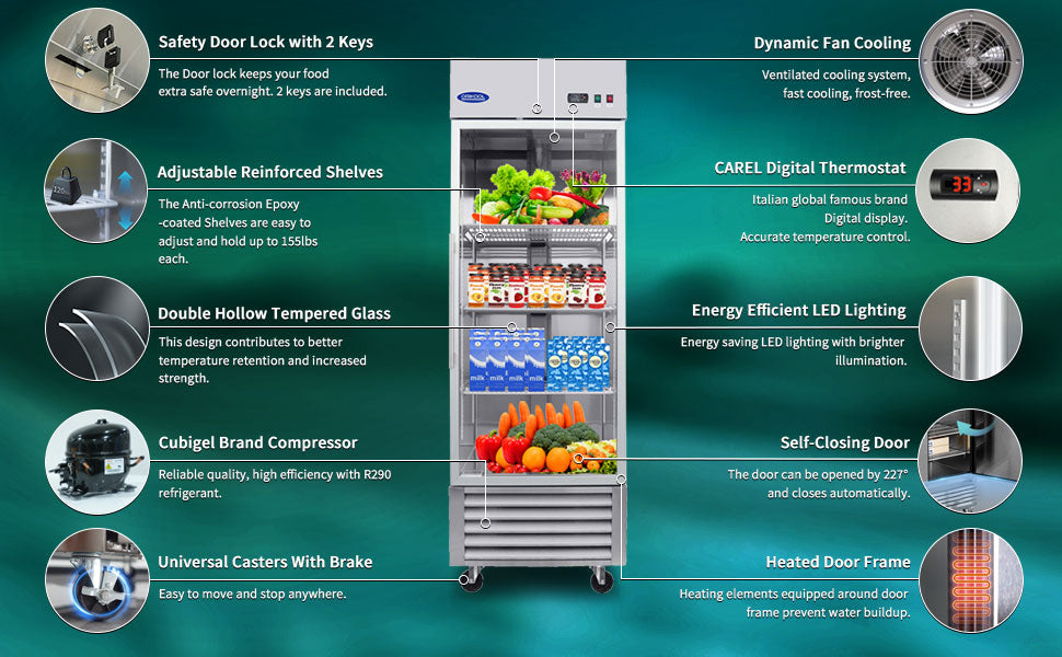 ORIKOOL 27" Commercial Reach-In Refrigerator in Stainless Steel, 1 Glass Door, 23 cu.ft.