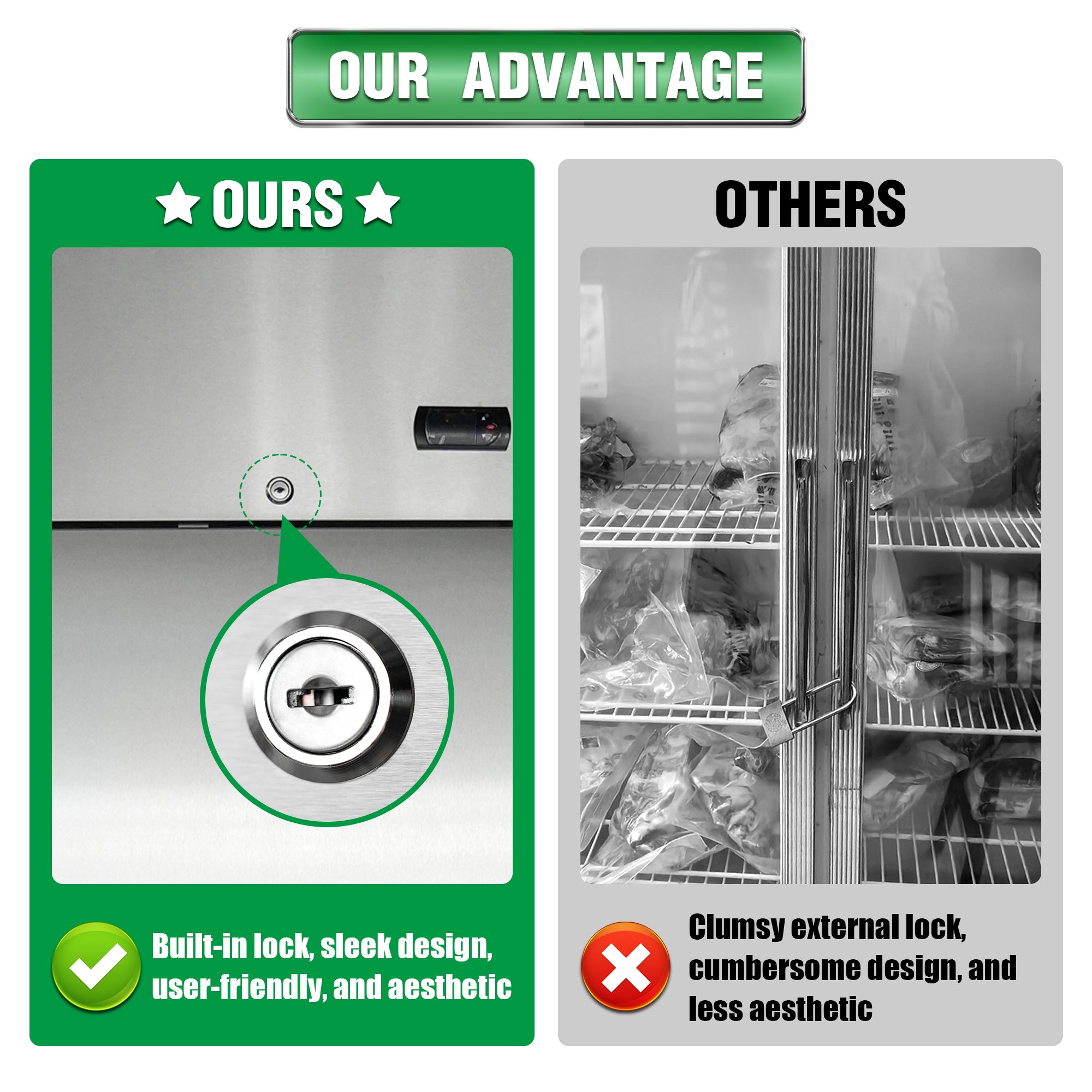 Refrigerador comercial ORIKOOL de 27" de acero inoxidable, 1 puerta sólida, 23 pies cúbicos.