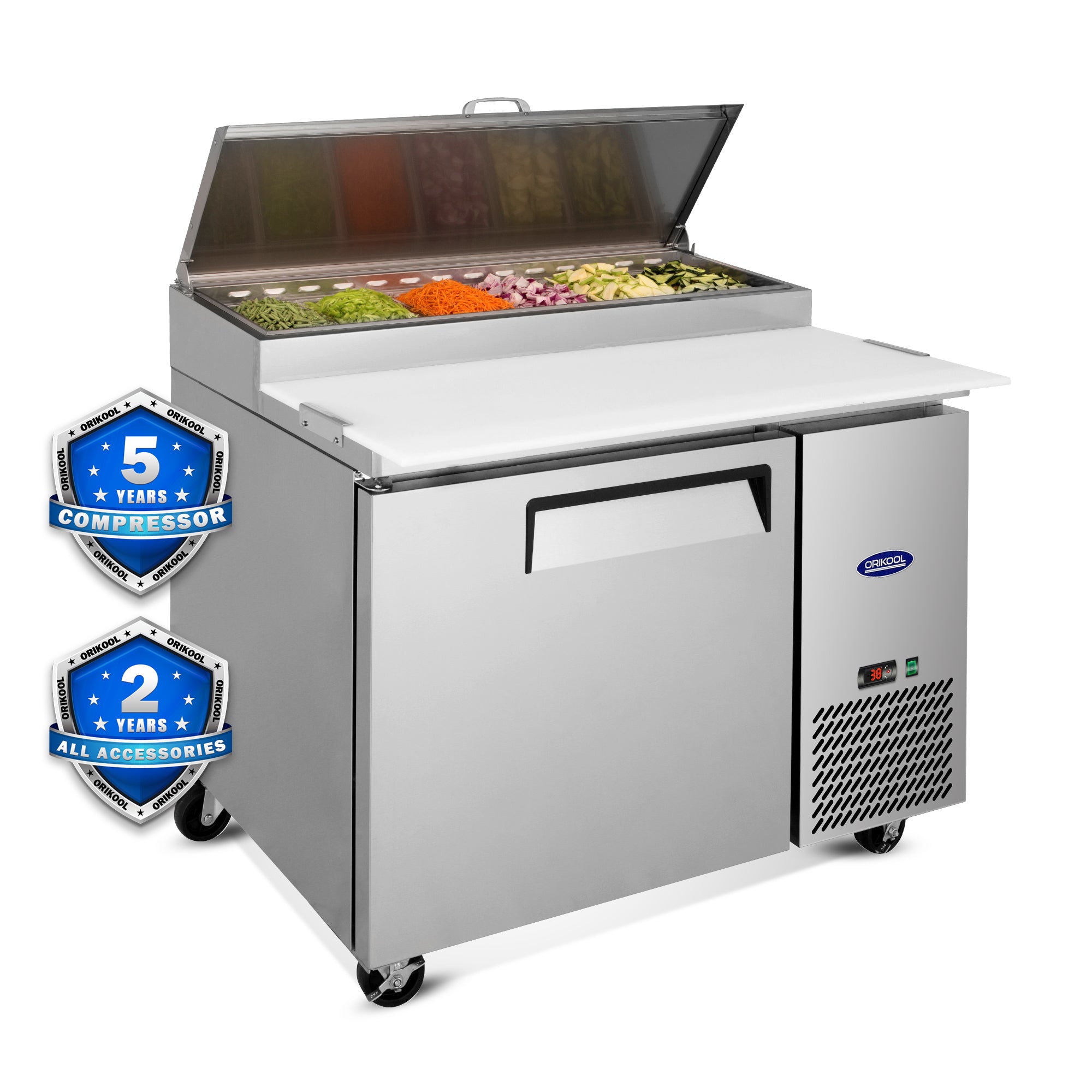 Refrigerador comercial de mesa de preparación de pizza ORIKOOL de 44'', 1 puerta, 6 bandejas, 11.0 pies cúbicos