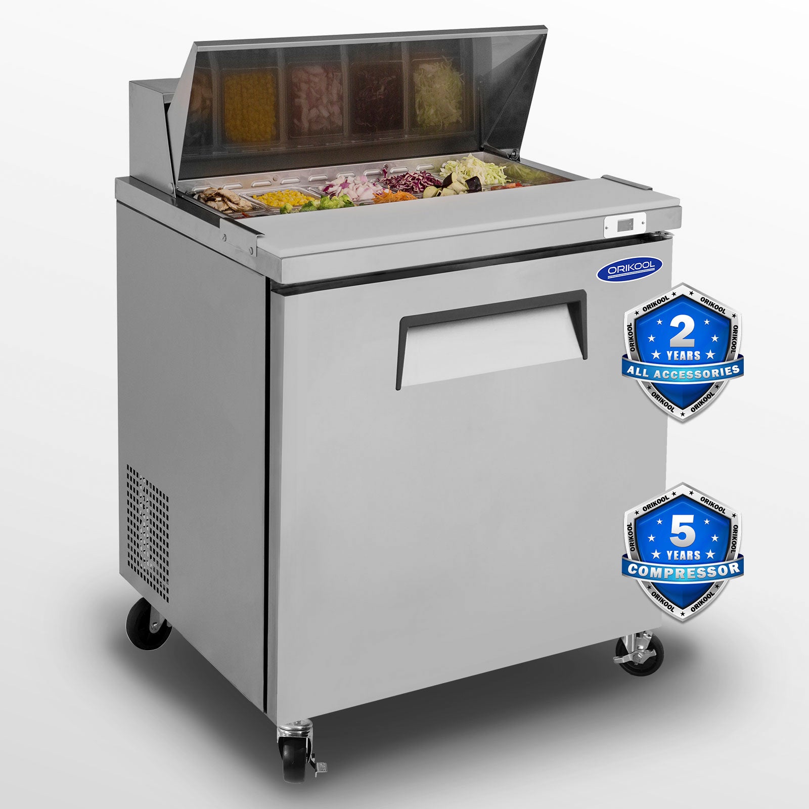 Refrigerador ORIKOOL de 29" para preparar ensaladas y sándwiches, 8 pies cúbicos de acero inoxidable con 8 bandejas, refrigeración por ventilador, aprobado por ETL y NSF DOE