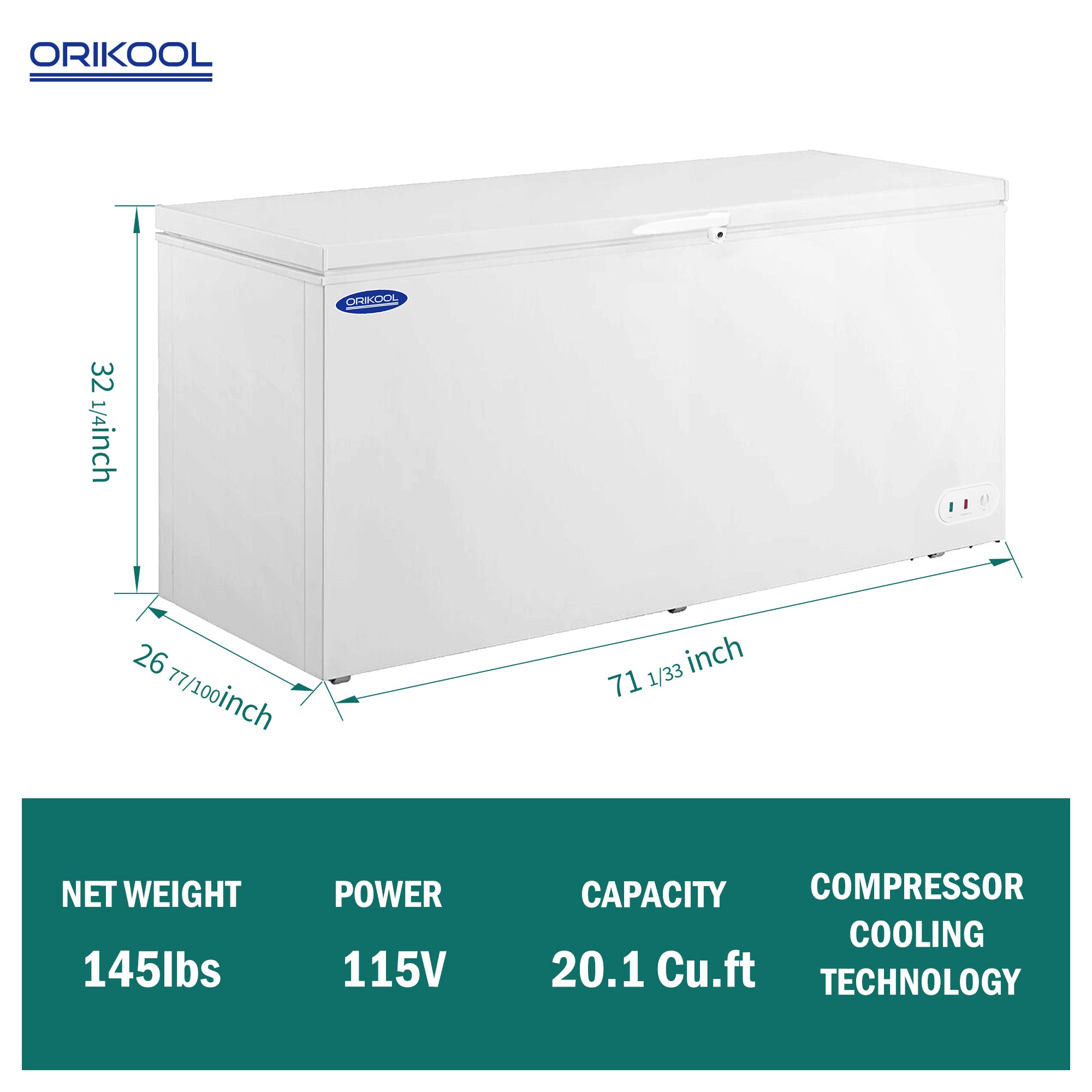 (Usado) Congelador horizontal comercial ORIKOOL de 71''W con tapa sólida, 20.1 pies cúbicos, color blanco