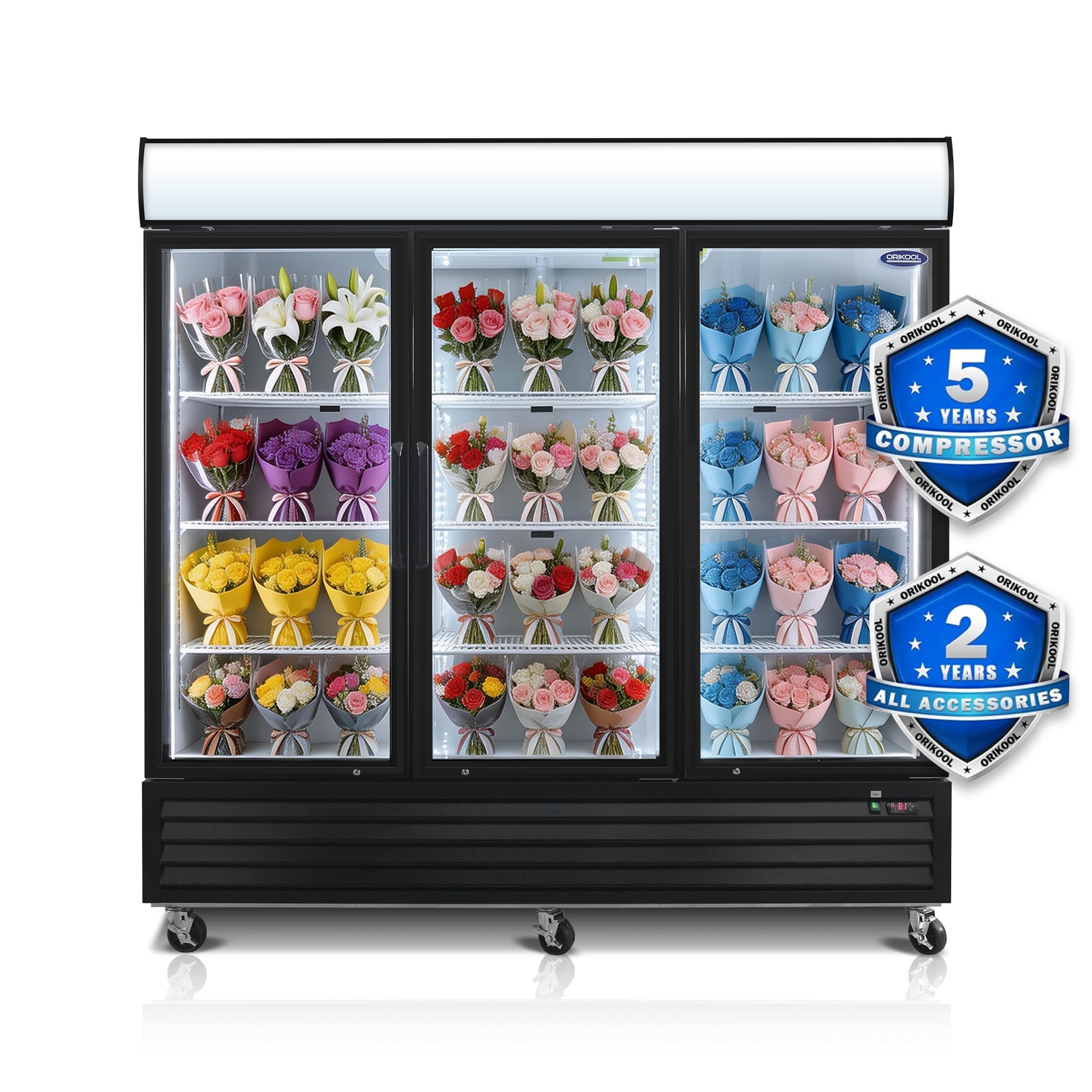 ORIKOOL 81" Commercial Flower Display Merchandiser Refrigerator, 3 Swing Glass Doors, 70 cu.ft. with LED Lighting and Top Panel