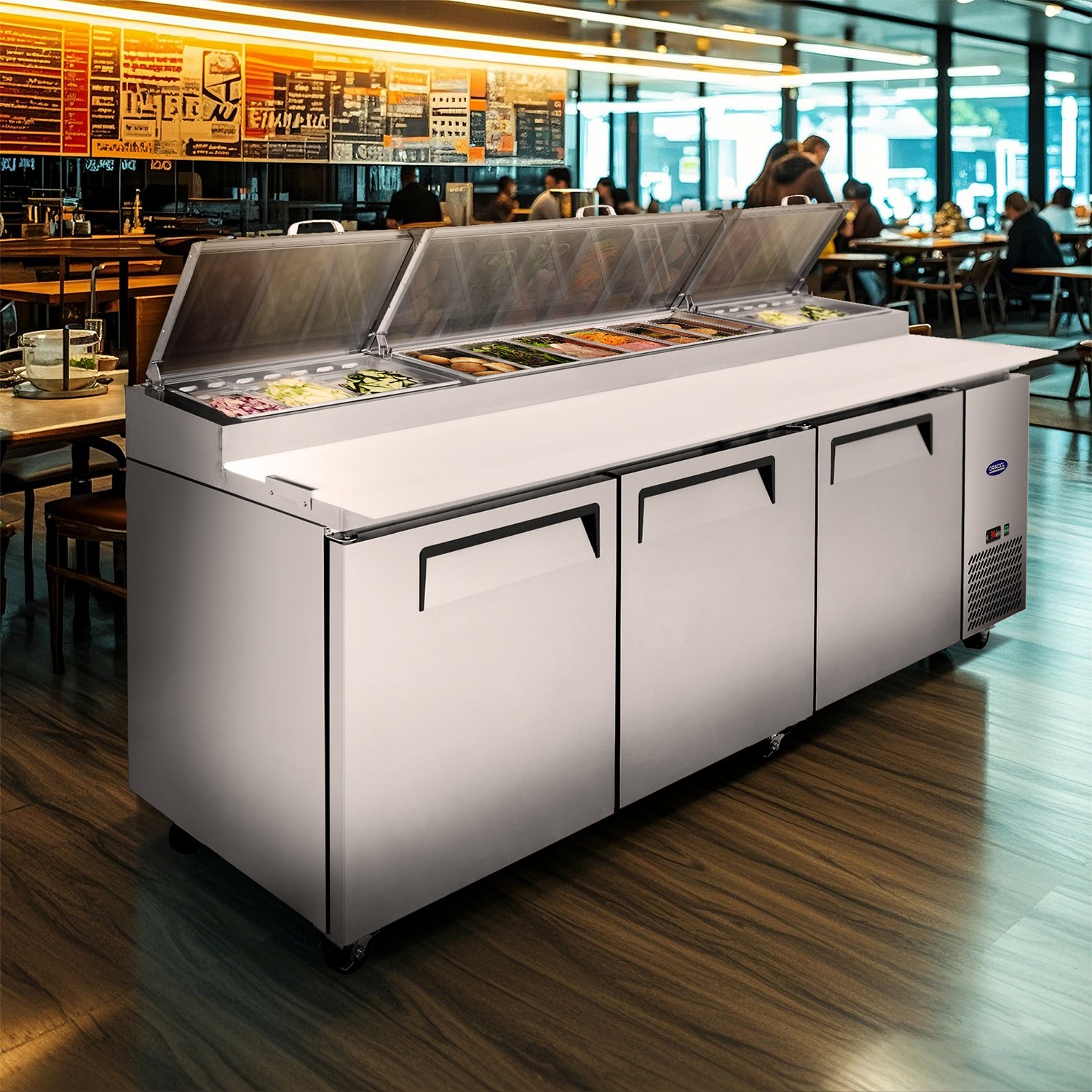 ORIKOOL 93'' Commercial Pizza Prep Table Refrigerator 3 doors - 12 pan