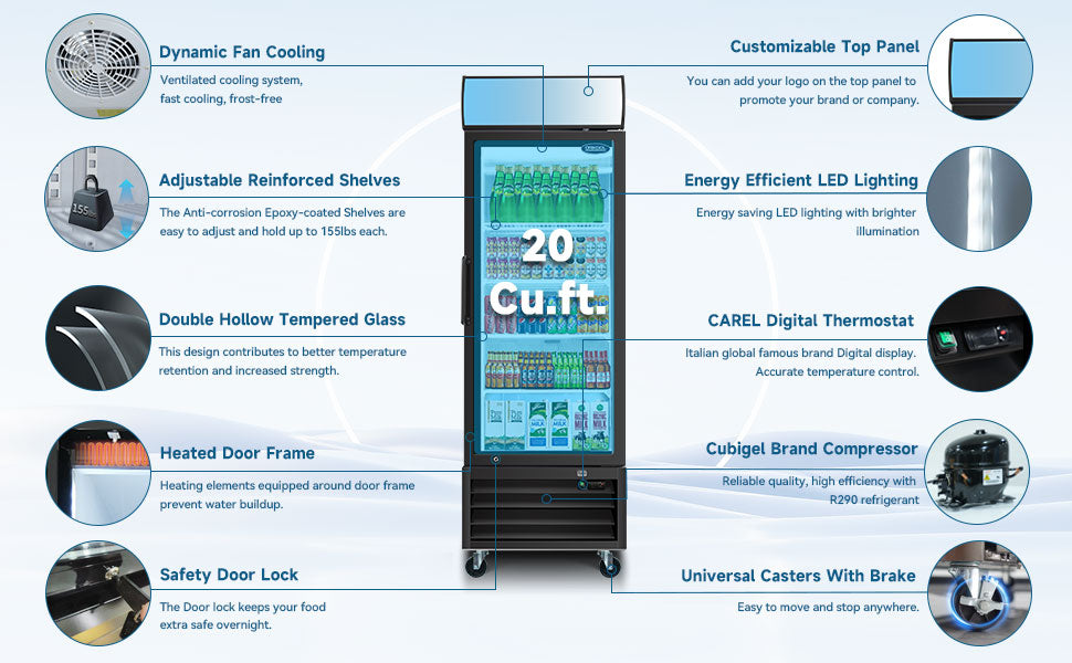 ORIKOOL 27" Commercial Display Merchandiser Refrigerator, 1 Swing Glass Door, 20 cu.ft. with LED Lighting and Top Panel