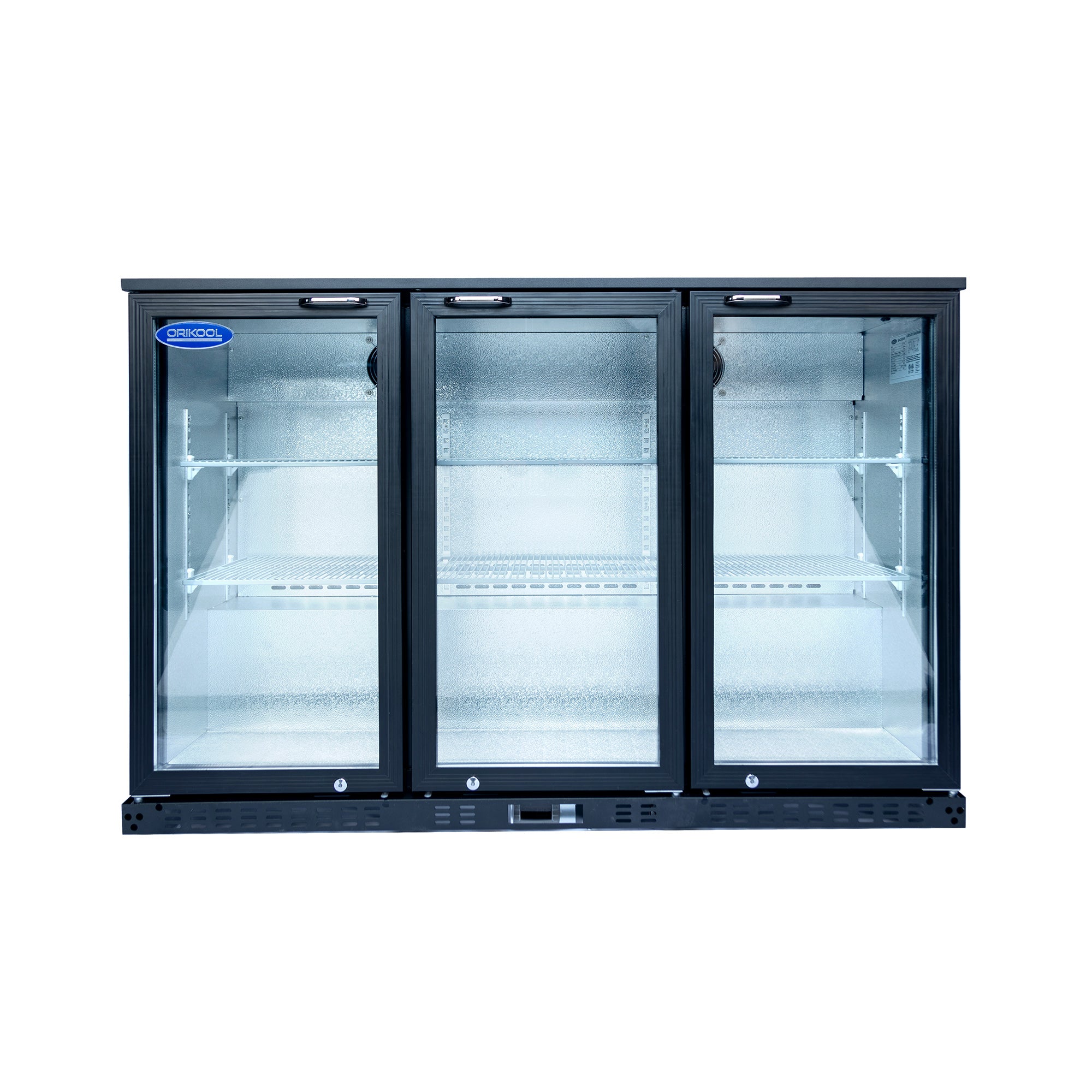 Refrigerador de bebidas ORIKOOL de 53'', enfriador de barra trasera con 3 puertas de vidrio batientes, 11.3 pies cúbicos.