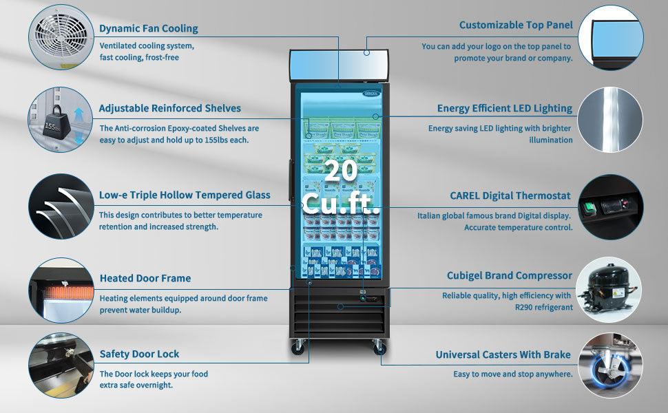 ORIKOOL 27" Commercial Display Merchandiser Freezer, 1 Swing Glass Door, 20 cu.ft. with LED Lighting and Top Panel