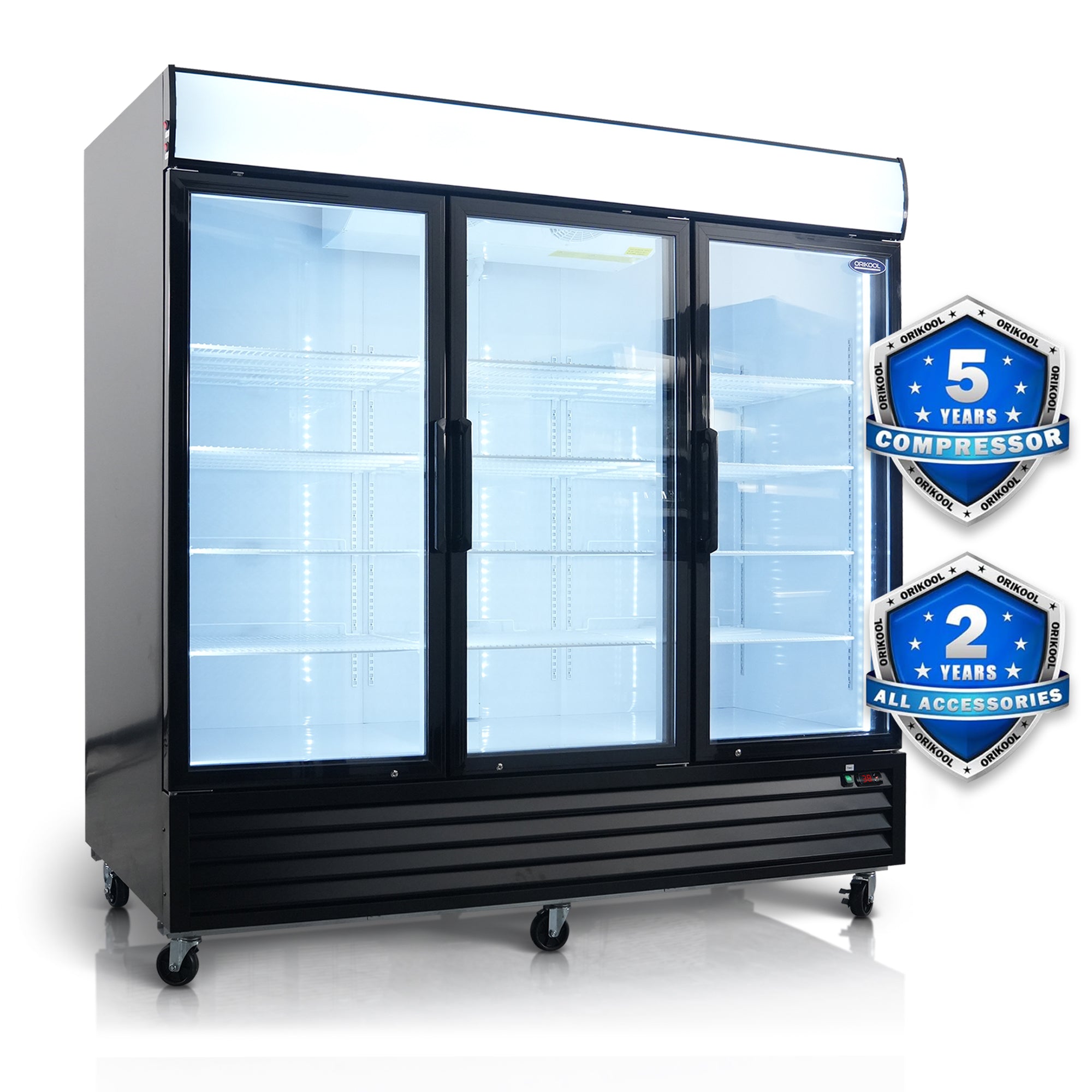 ORIKOOL 81" Commercial Display Merchandiser Refrigerator, 3 Swing Glass Doors, 70 cu.ft. with LED Lighting and Top Panel