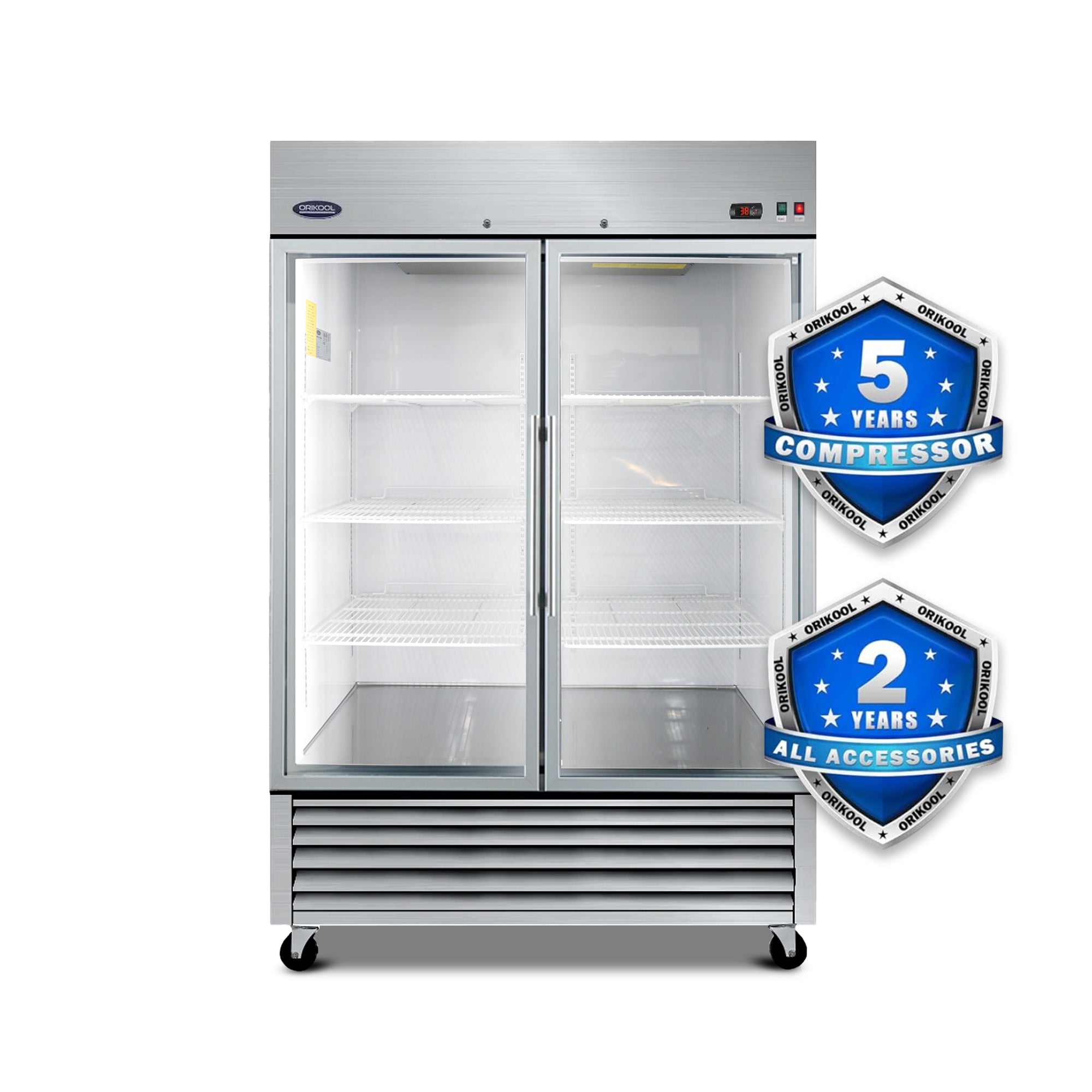ORIKOOL 54" Commercial Reach-In Refrigerator in Stainless Steel, 2 Glass Doors, 49 cu.ft.