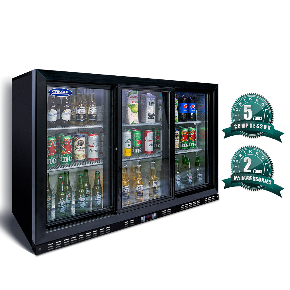 Refrigerador de bebidas ORIKOOL de 53'', enfriador de barra trasera con 3 puertas corredizas de vidrio, 11.3 pies cúbicos.