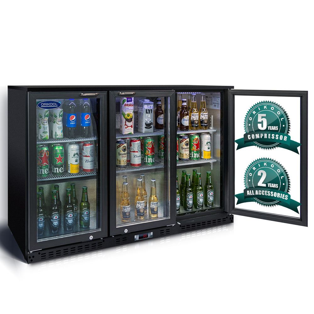 Refrigerador de bebidas ORIKOOL de 53'', enfriador de barra trasera con 3 puertas de vidrio batientes, 11.3 pies cúbicos.