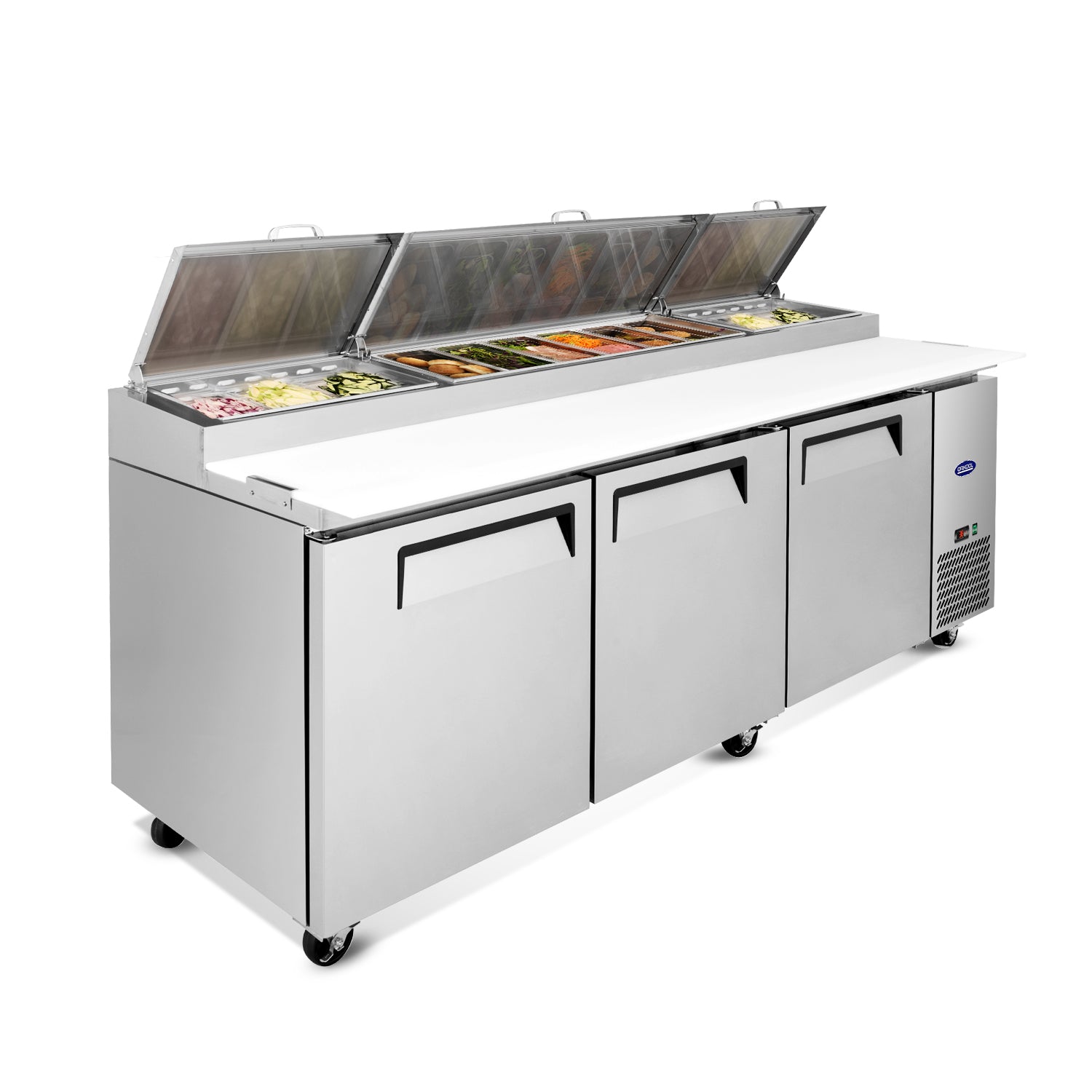 ORIKOOL 93'' Commercial Pizza Prep Table Refrigerator 3 doors - 12 pan