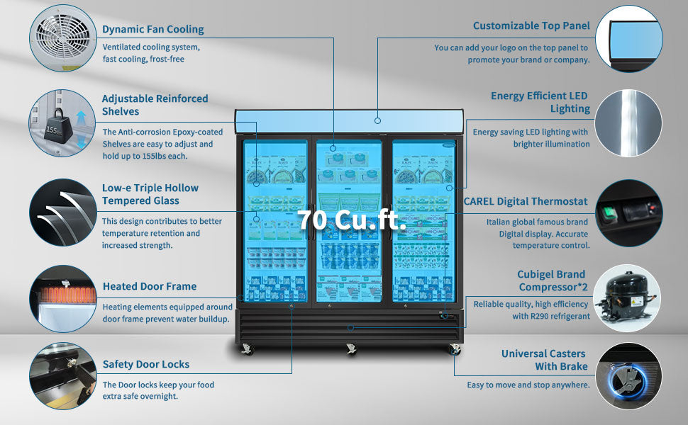 ORIKOOL 81" Commercial Display Merchandiser Freezer, 3 Swing Glass Doors, 70 cu.ft. with LED Lighting and Top Panel