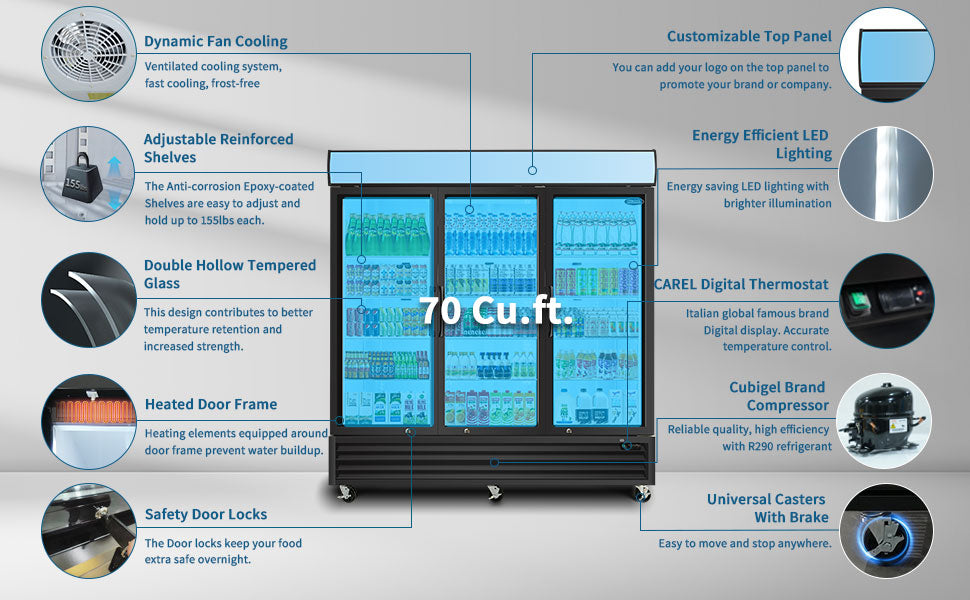 ORIKOOL 81" Commercial Display Merchandiser Refrigerator, 3 Swing Glass Doors, 70 cu.ft. with LED Lighting and Top Panel