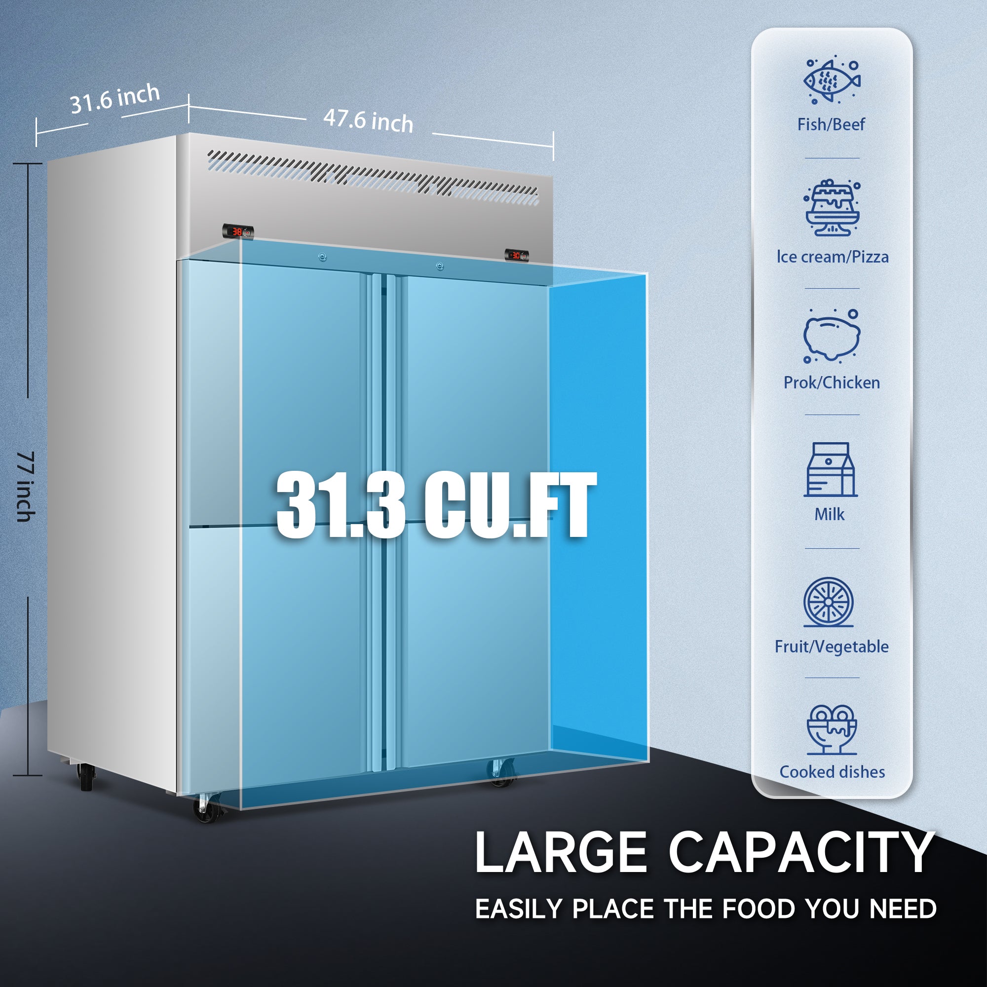 48" W Commercial Refrigerator and Freezer Combo, 32 CU.FT 4 Door Reach-In Fridge Freezer, Left Refrigerator Right Freezer, Dual Compressor, Stainless Steel, Auto Defrost, Digital Control, 6 Shelves
