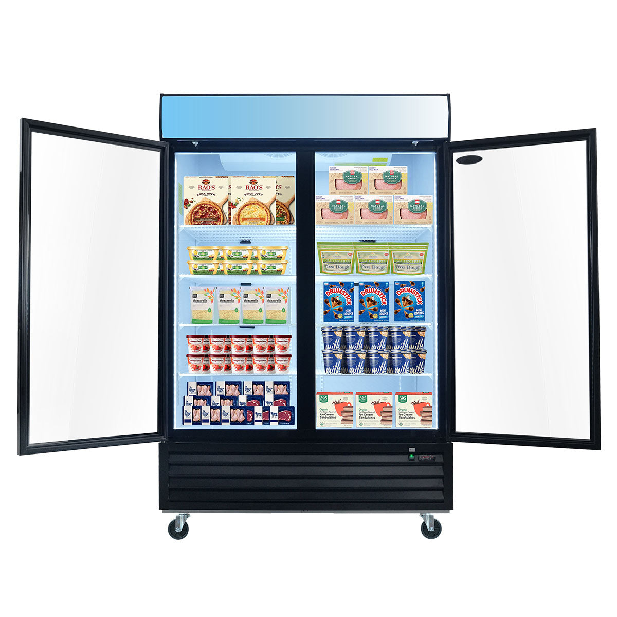 ORIKOOL SD1390F 54" Double Swing Glass Door Merchandiser Freezer 44.7 cu.ft. Commercial Freezer with LED Top Panel, Black