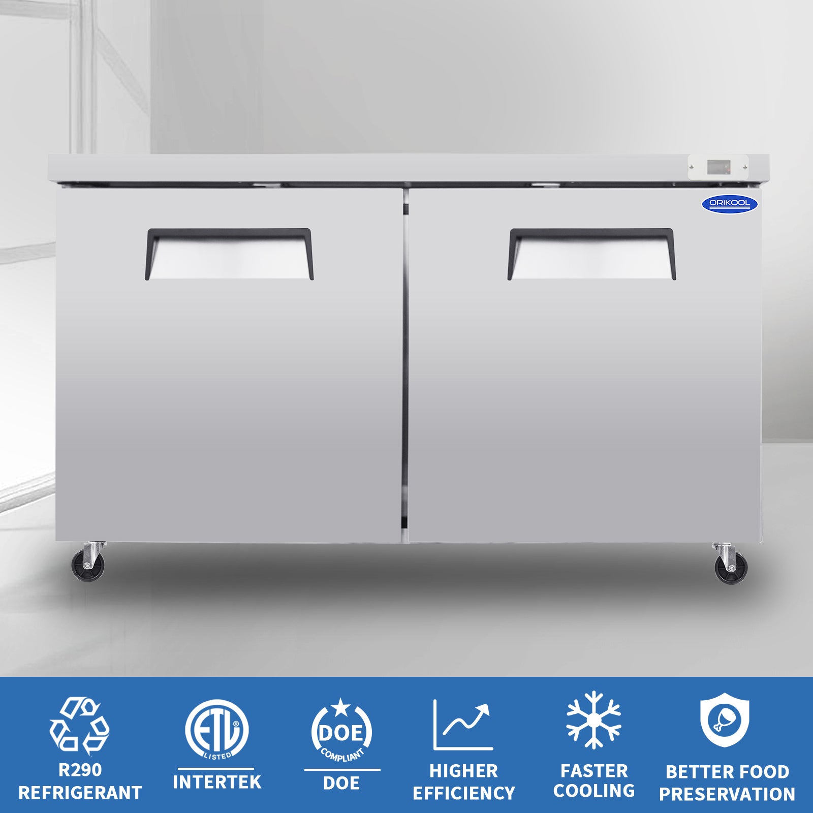 ORIKOOL 60'' 2-Door 18.5 cu. ft. Stainless Steel Undercounter & Work Top Freezer TUC60F