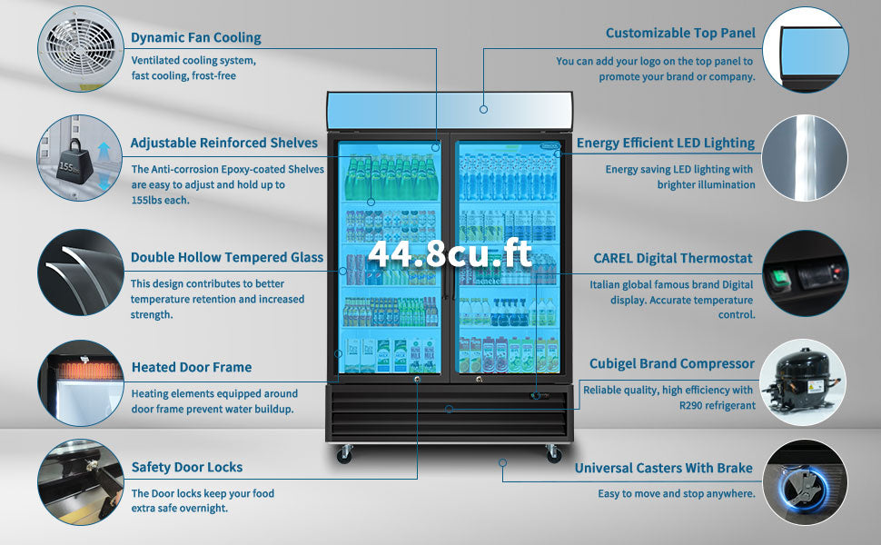 ORIKOOL 54" Commercial Display Merchandiser Refrigerator, 2 Swing Glass Doors, 44.8 cu.ft. with LED Lighting and Top Panel