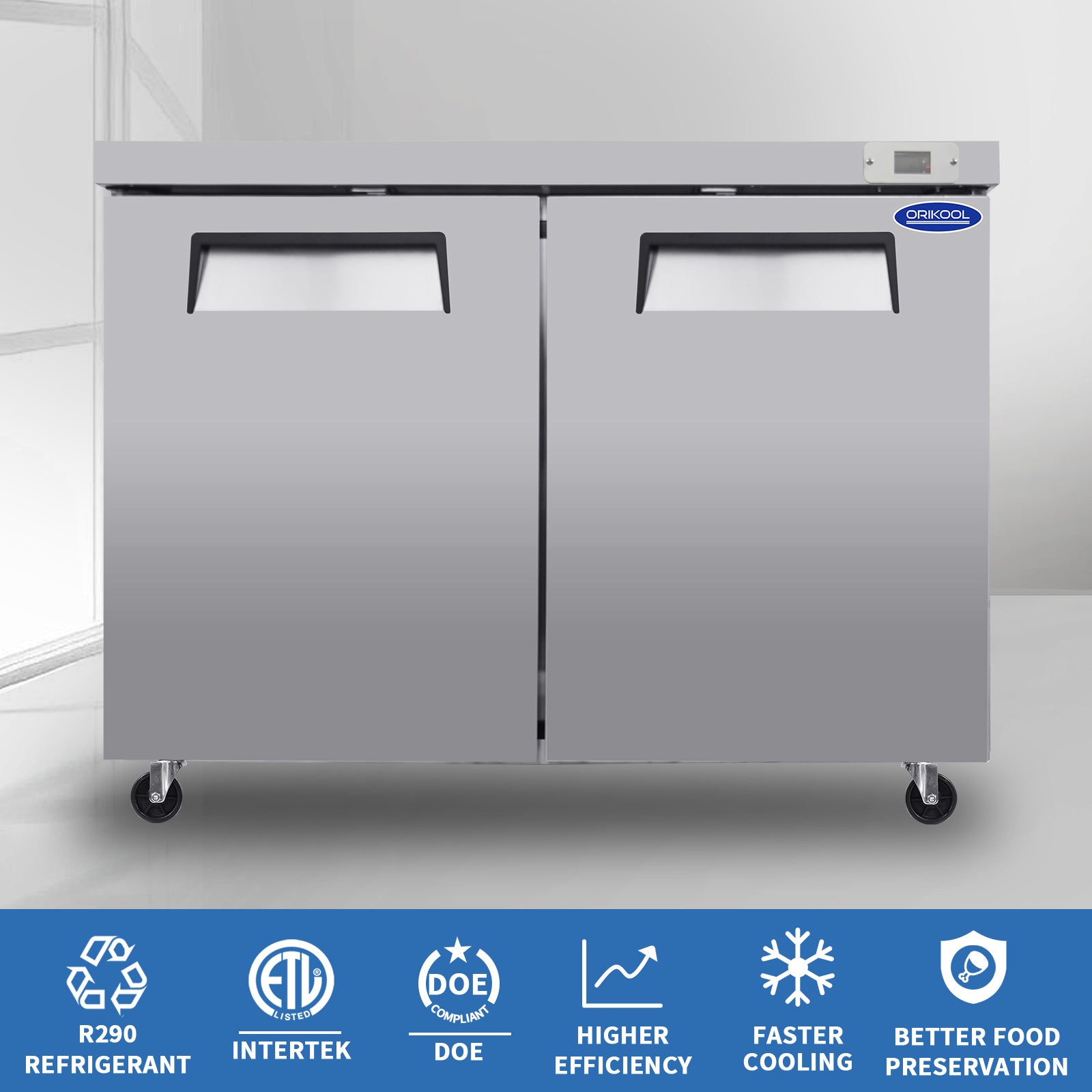 ORIKOOL 48'' 2-Door Undercounter & Work Top Refrigerator in Stainless Steel, 14.1 cu. ft. TUC48R
