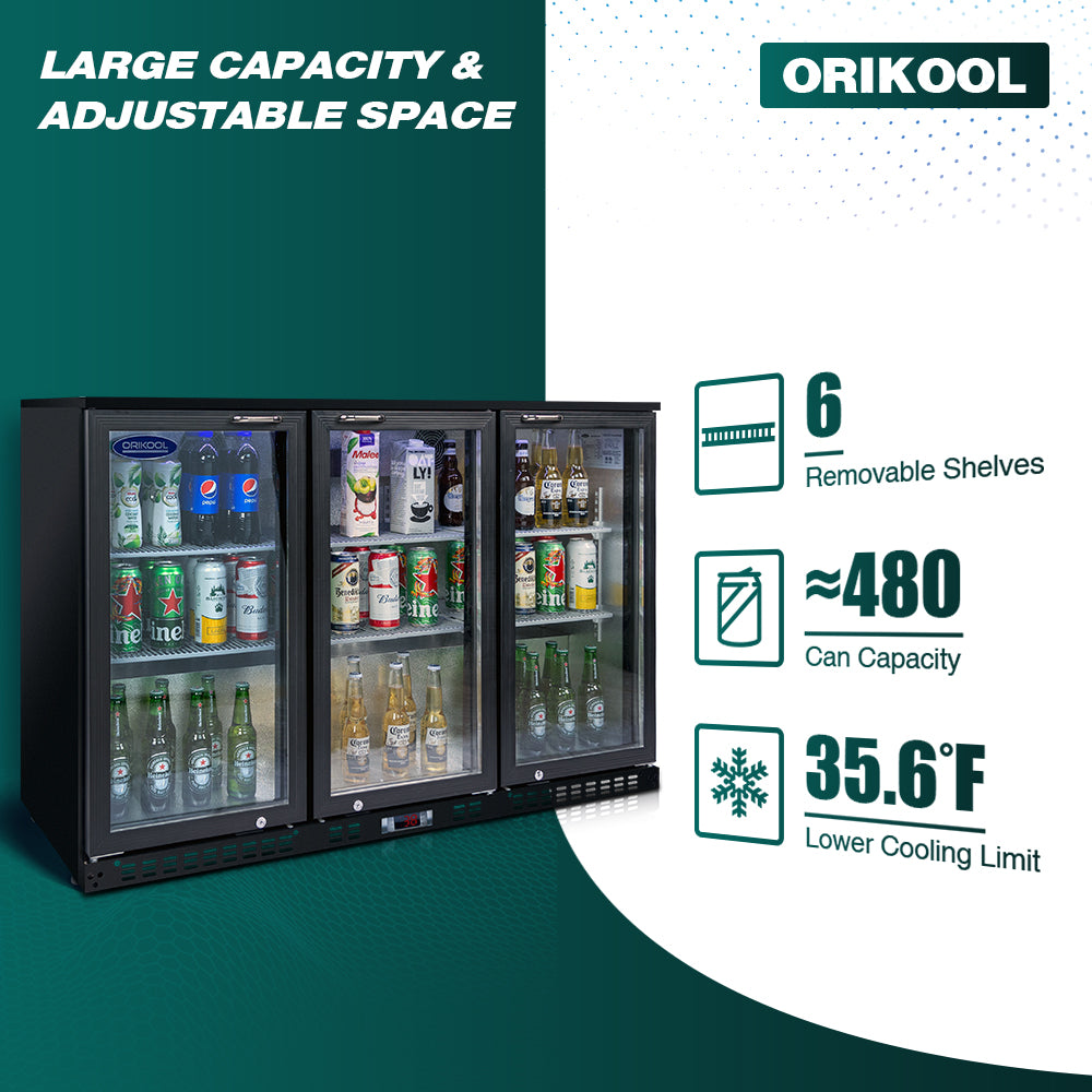 Refrigerador de bebidas ORIKOOL de 53'', enfriador de barra trasera con 3 puertas de vidrio batientes, 11.3 pies cúbicos.