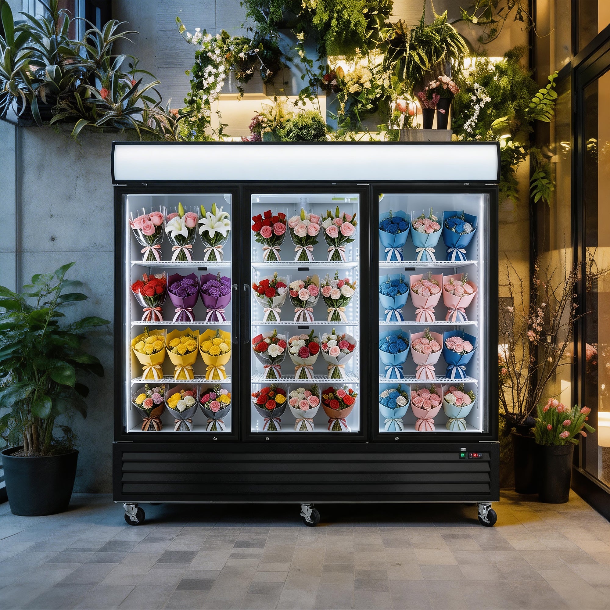 ORIKOOL 81" Commercial Flower Display Merchandiser Refrigerator, 3 Swing Glass Doors, 70 cu.ft. with LED Lighting and Top Panel - Orikool