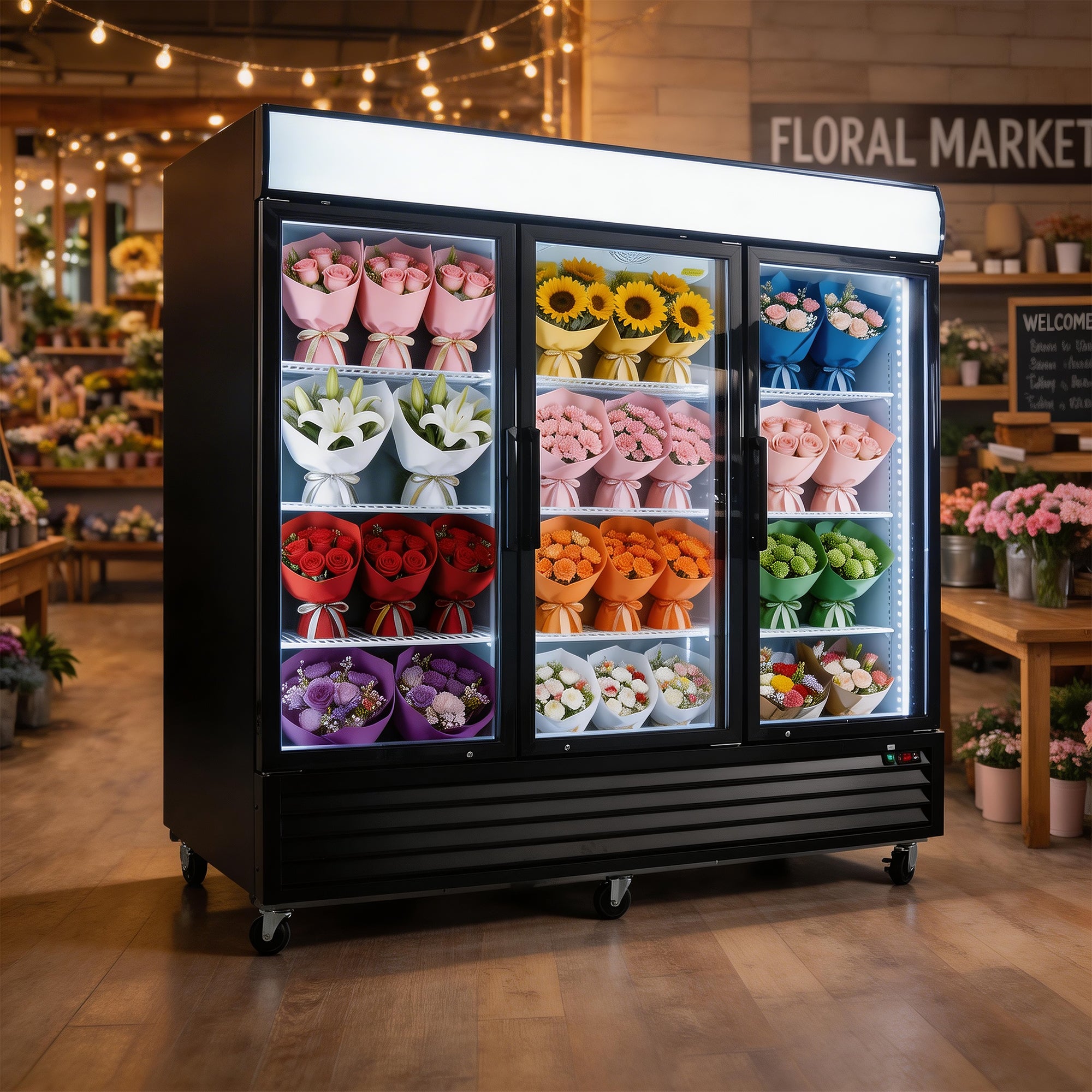 ORIKOOL 81" Commercial Flower Display Merchandiser Refrigerator, 3 Swing Glass Doors, 70 cu.ft. with LED Lighting and Top Panel - Orikool