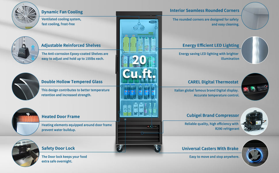 ORIKOOL 27" Commercial Display Merchandiser Refrigerator, 1 Swing Glass Door, 20 cu.ft. with LED Lighting