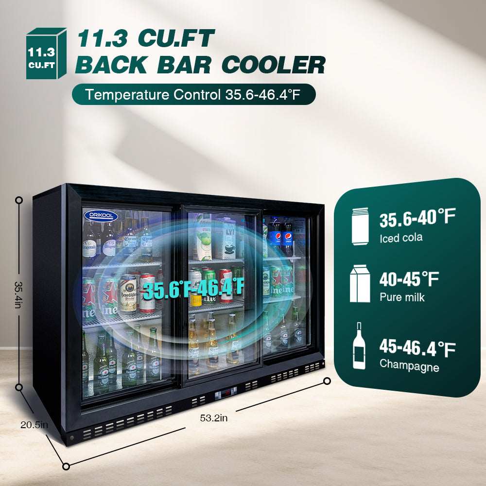 Refrigerador de bebidas ORIKOOL de 53'', enfriador de barra trasera con 3 puertas corredizas de vidrio, 11.3 pies cúbicos.