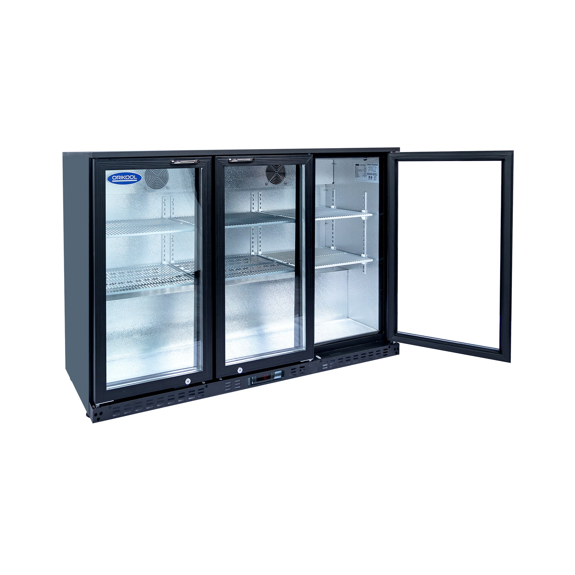 Refrigerador de bebidas ORIKOOL de 53'', enfriador de barra trasera con 3 puertas de vidrio batientes, 11.3 pies cúbicos.