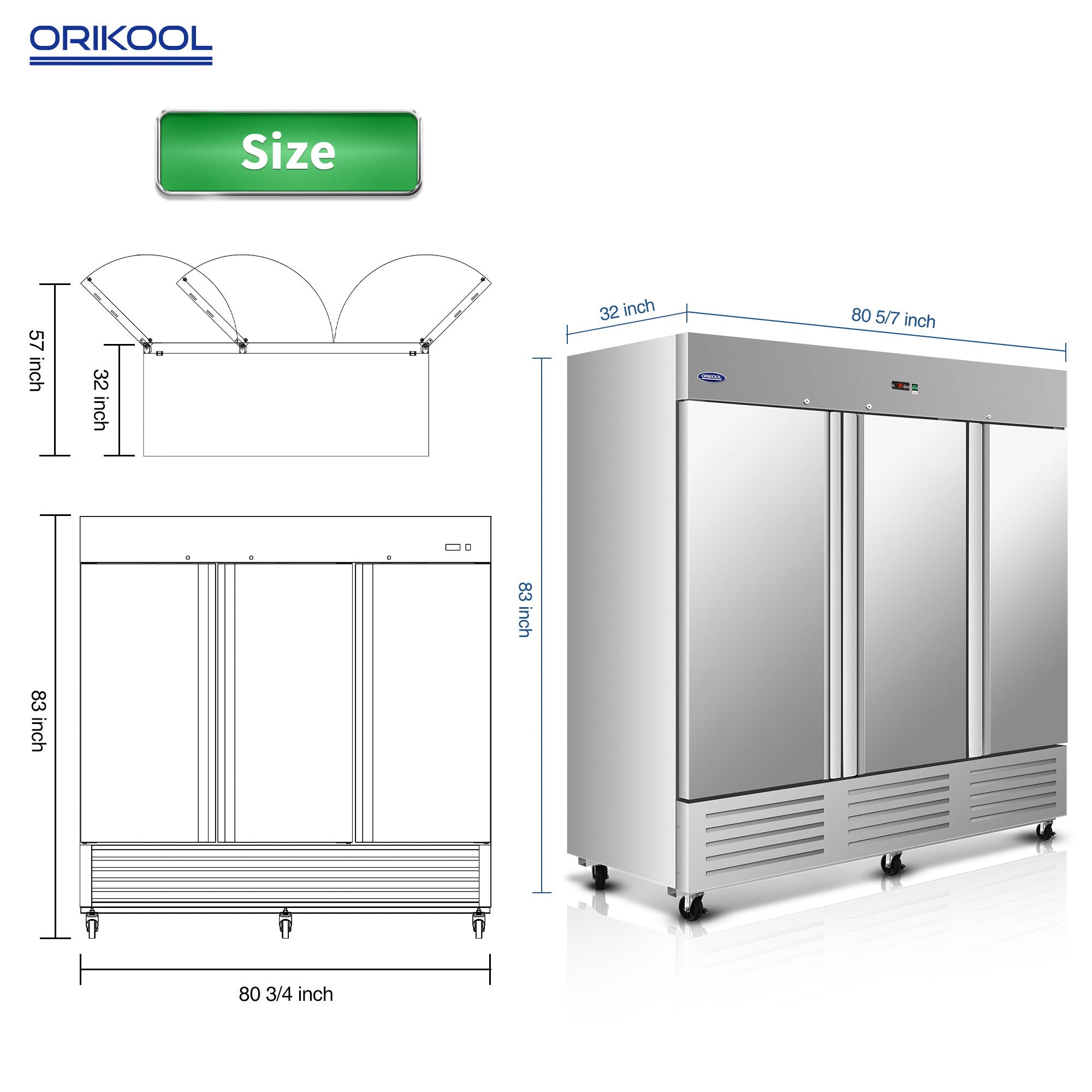 Orikool 81"W Commercial Reach-in Upright Freezer - Low Noise & Energy Saving, Stainless Steel Freezer, 12 Adjustable Shelves, LED Lighting, 72 Cu.ft, Automatic defrost, Digital Temperature Control