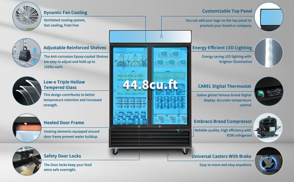 ORIKOOL 54" Commercial Display Merchandiser Freezer, 2 Swing Glass Doors, 44.8 cu.ft. with LED Lighting and Top Panel