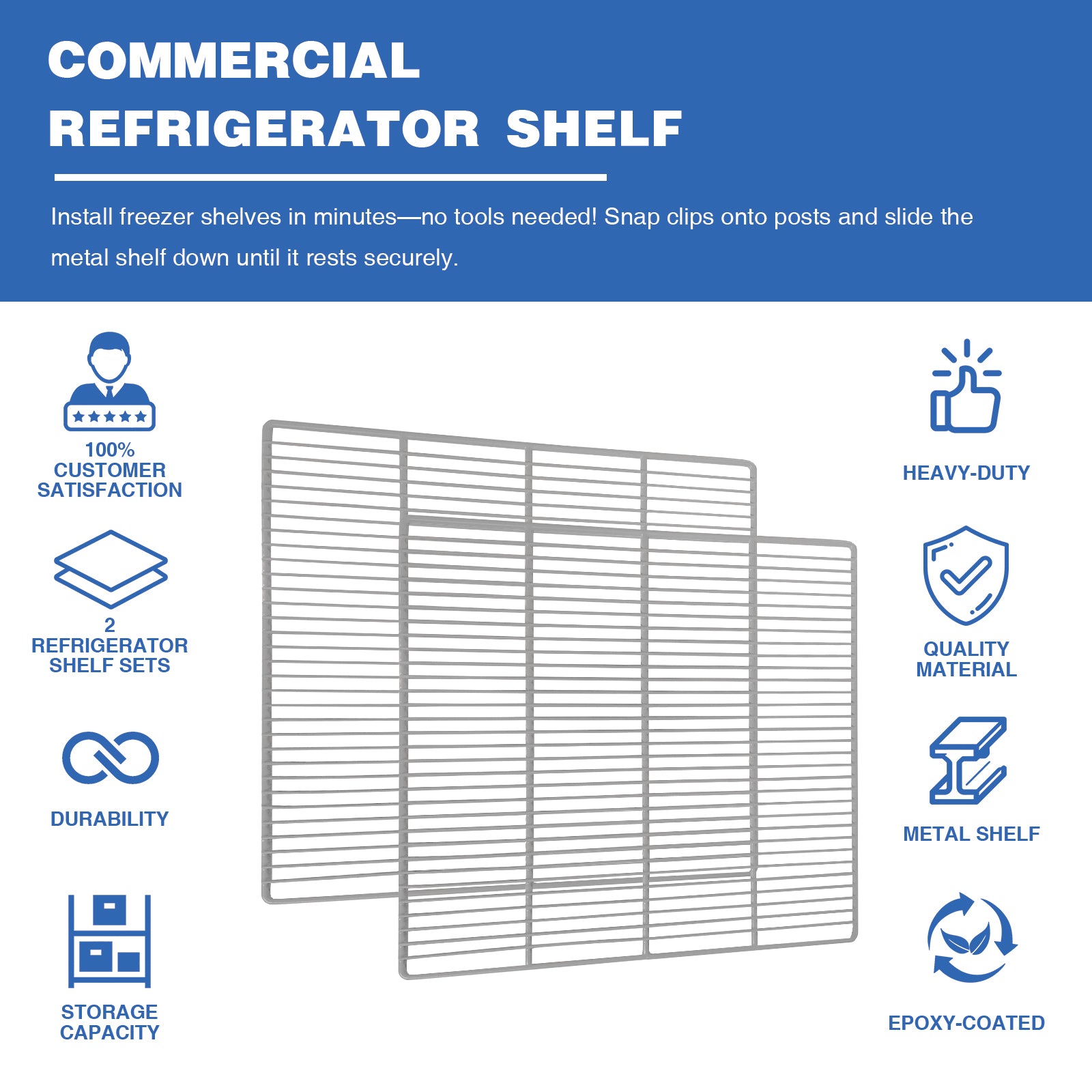 25 1/5" x 23 3/5" Commercial Freezer and Refrigerator Replacement Shelves for Double-Door Refrigerators, Set of 2, Epoxy-Coated Gray Steel Wire Shelves