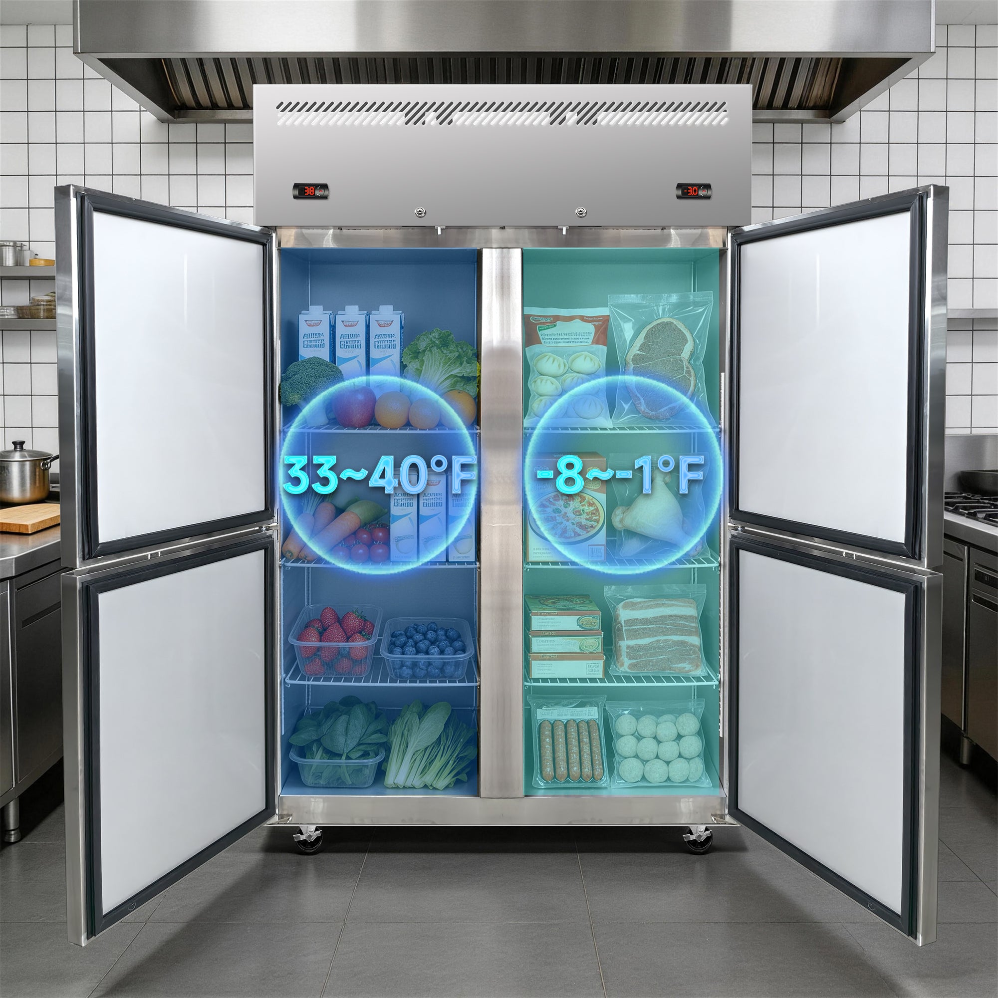 48" W Commercial Refrigerator and Freezer Combo, 32 CU.FT 4 Door Reach-In Fridge Freezer, Left Refrigerator Right Freezer, Dual Compressor, Stainless Steel, Auto Defrost, Digital Control, 6 Shelves