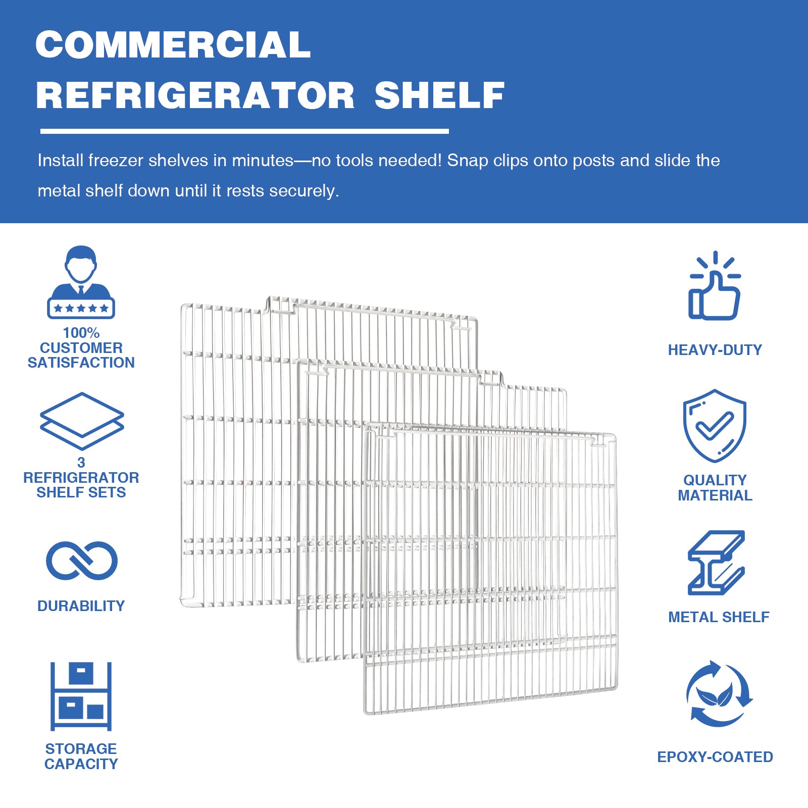 Commercial Freezer and Refrigerator Replacement Shelves for Three-Door Freezers, Set of 3, Epoxy-Coated Wire Shelves