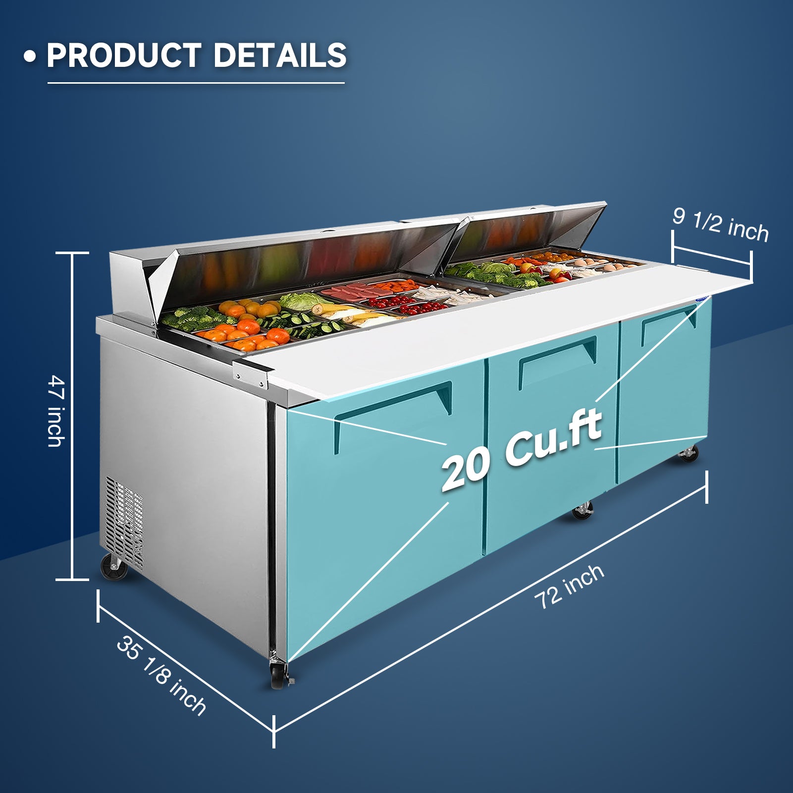 72"W Commercial Sandwich Prep Table Refrigerator - Stainless Steel Door with 30 Pans, 20 Cu.Ft Capacity, Auto Defrost, Digital Temperature Control for Restaurants, Delis, Catering & Convenience Stores