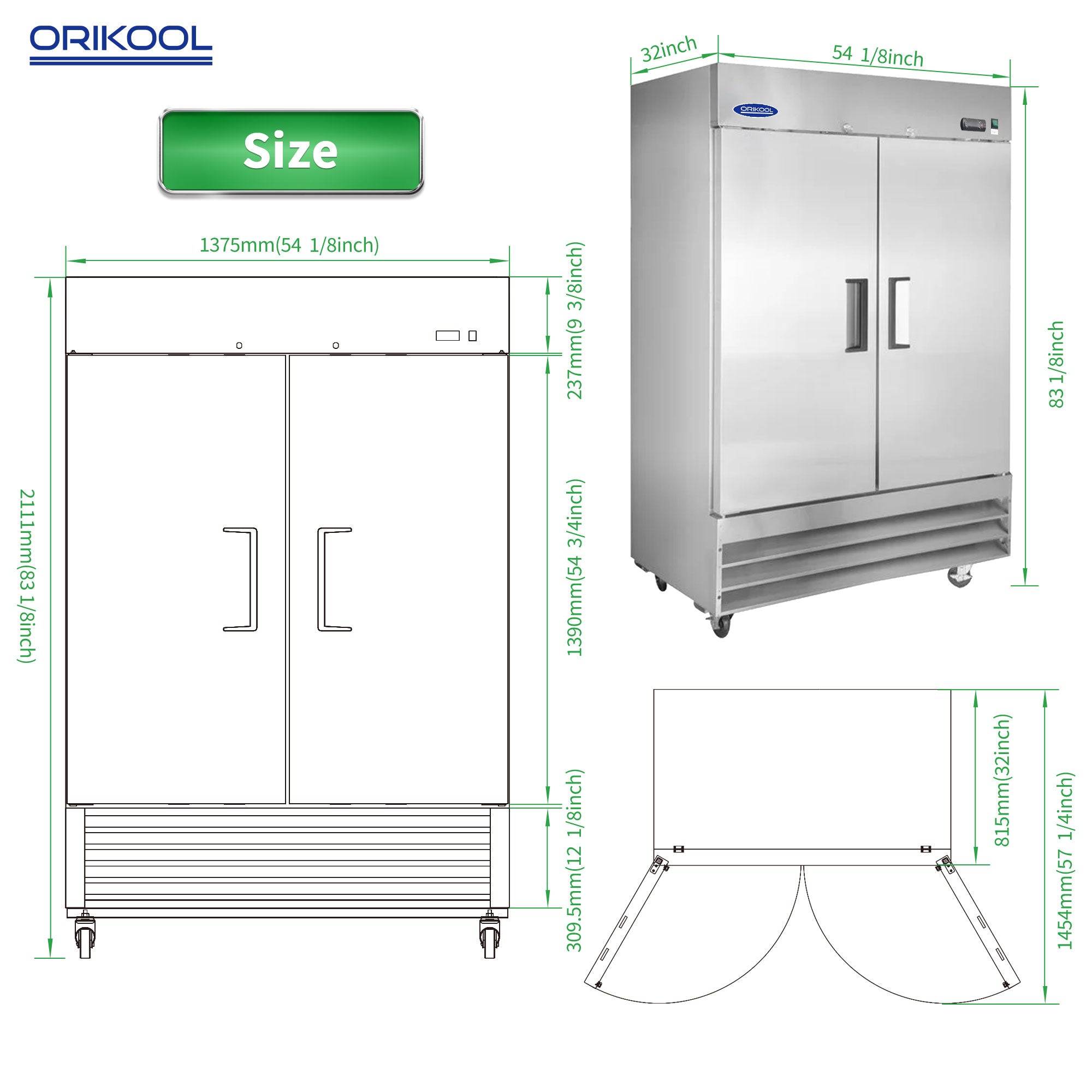ORIKOOL 54" Solid Door Reach-In Commercial Freezer 49 cu.ft. ST54BF