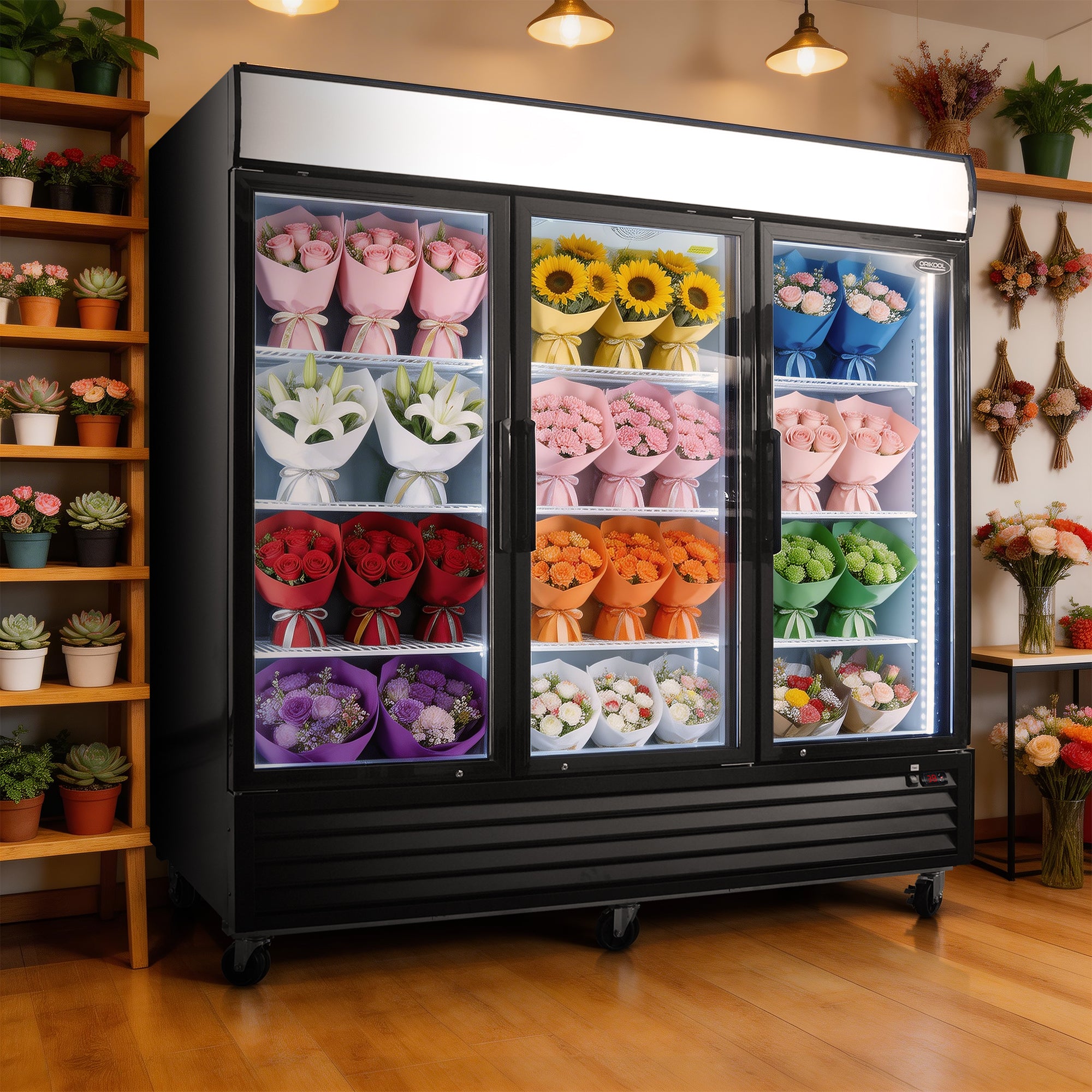 ORIKOOL 81" Commercial Flower Display Merchandiser Refrigerator, 3 Swing Glass Doors, 70 cu.ft. with LED Lighting and Top Panel - Orikool