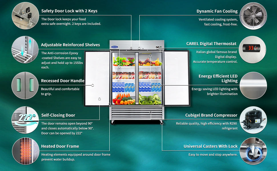 ORIKOOL 54" Commercial Reach-In Refrigerator in Stainless Steel, 2 Solid Doors, 49 cu.ft.