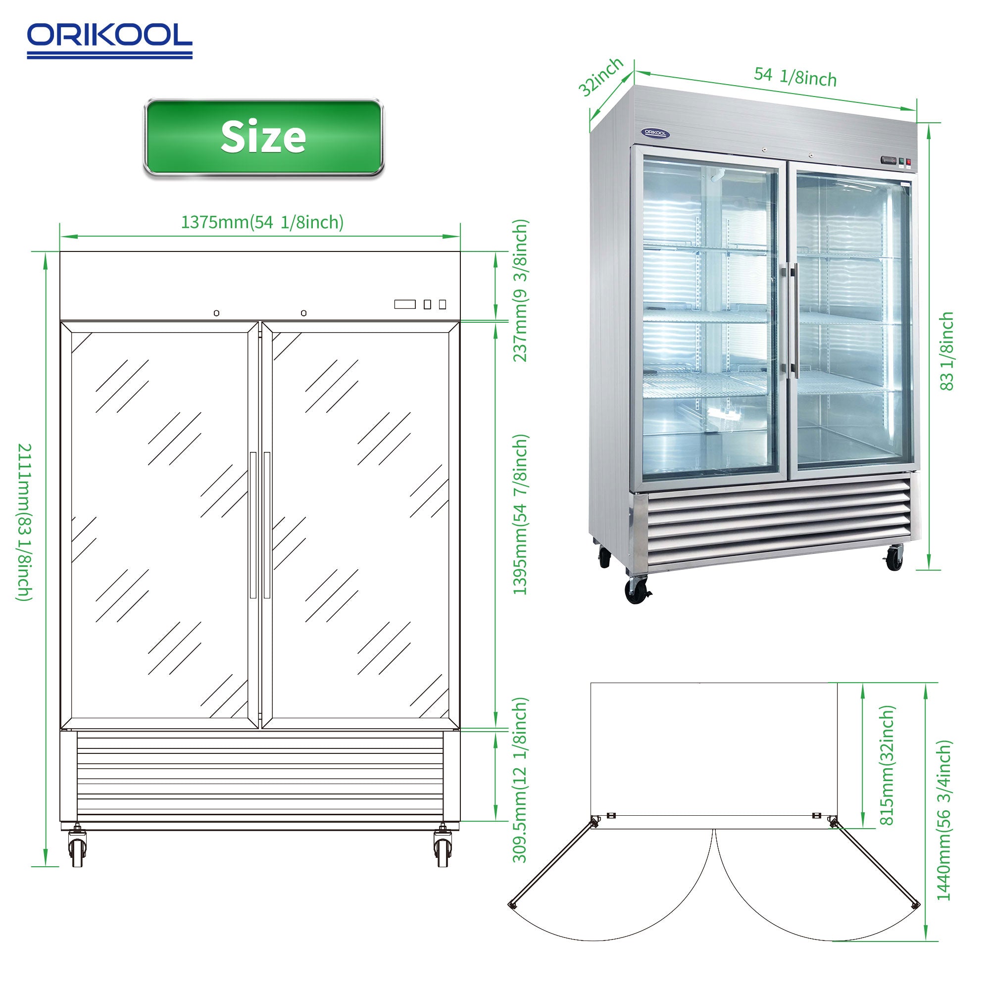 ORIKOOL 54" Stainless Steel Glass Door Reach-In Refrigerator 49 cu.ft. ST54BRG