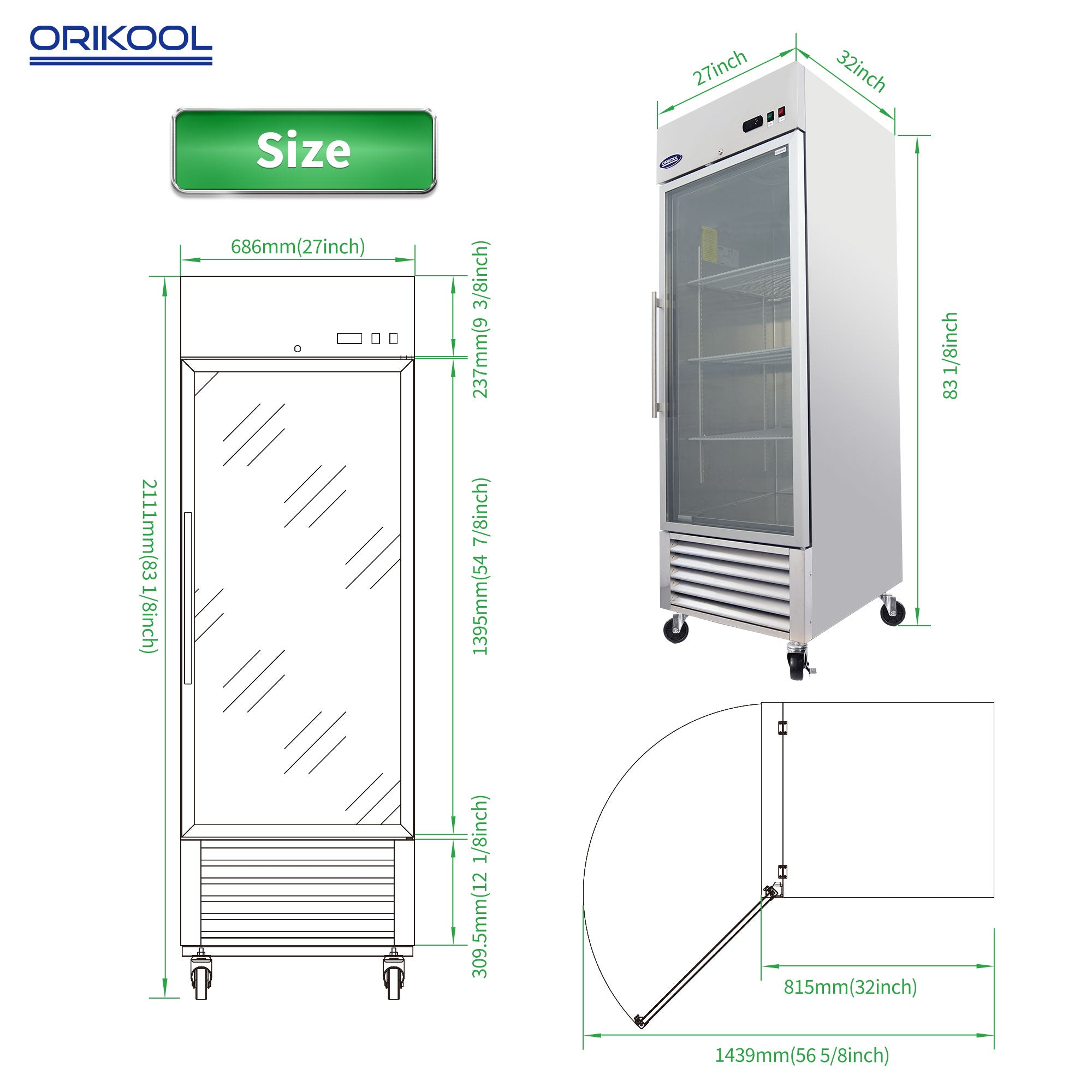 ORIKOOL 27" Stainless Steel Glass Door Reach-In Refrigerator 23 cu.ft. ST27BRG
