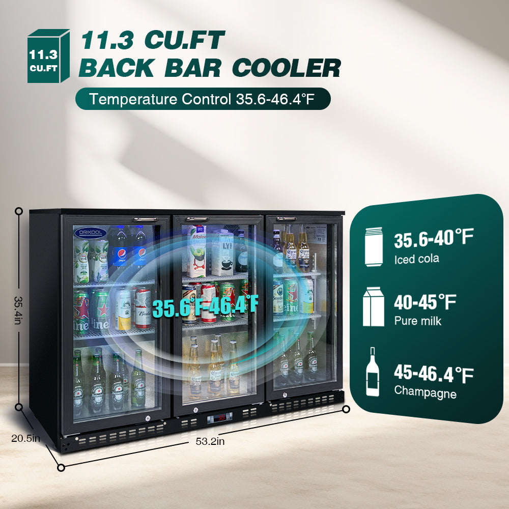 Refrigerador de bebidas ORIKOOL de 53'', enfriador de barra trasera con 3 puertas de vidrio batientes, 11.3 pies cúbicos.