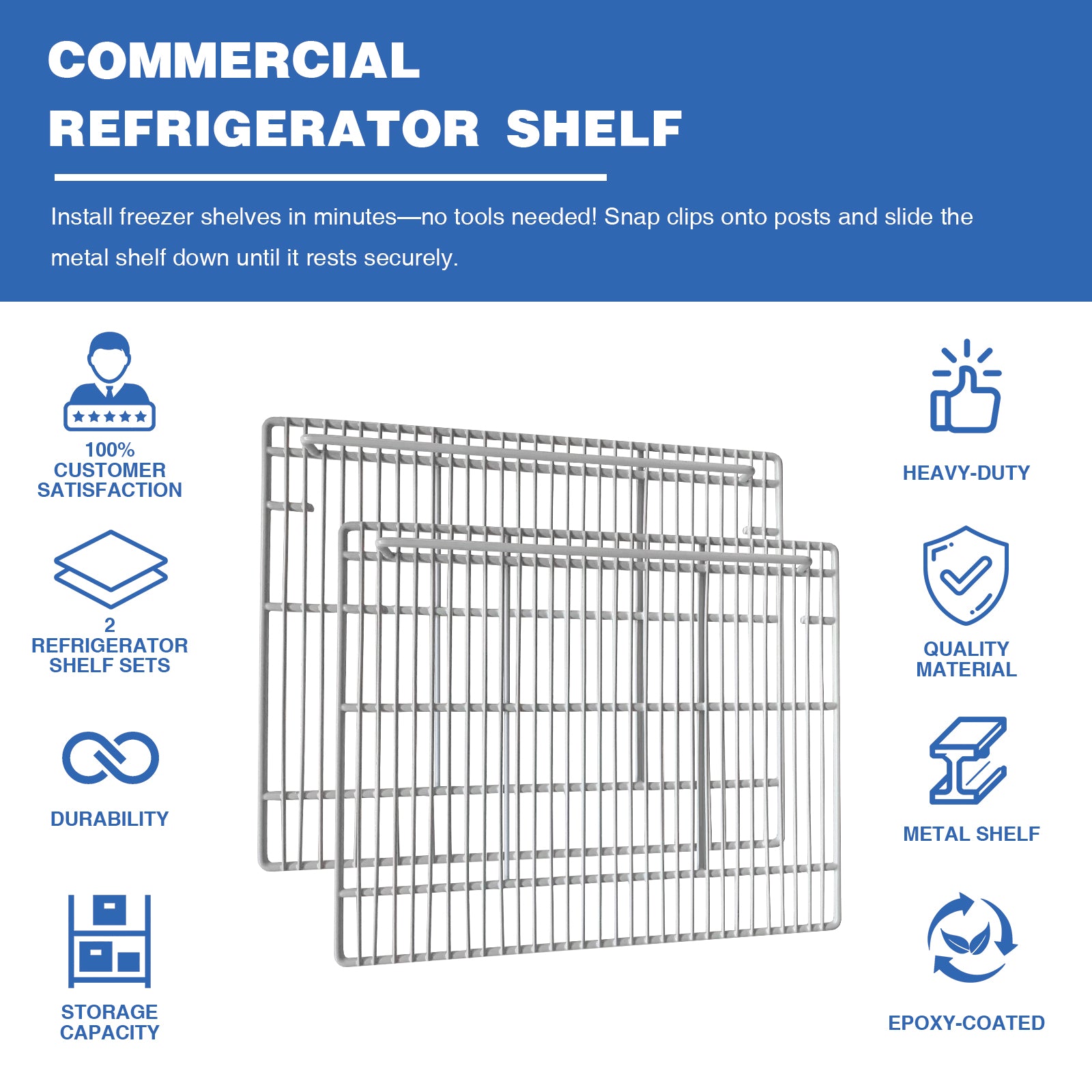 19 1/3" x 21" Commercial Freezer and Refrigerator Replacement Shelves for Double-Door Refrigerators, Set of 2, Epoxy-Coated Gray Wire Shelves