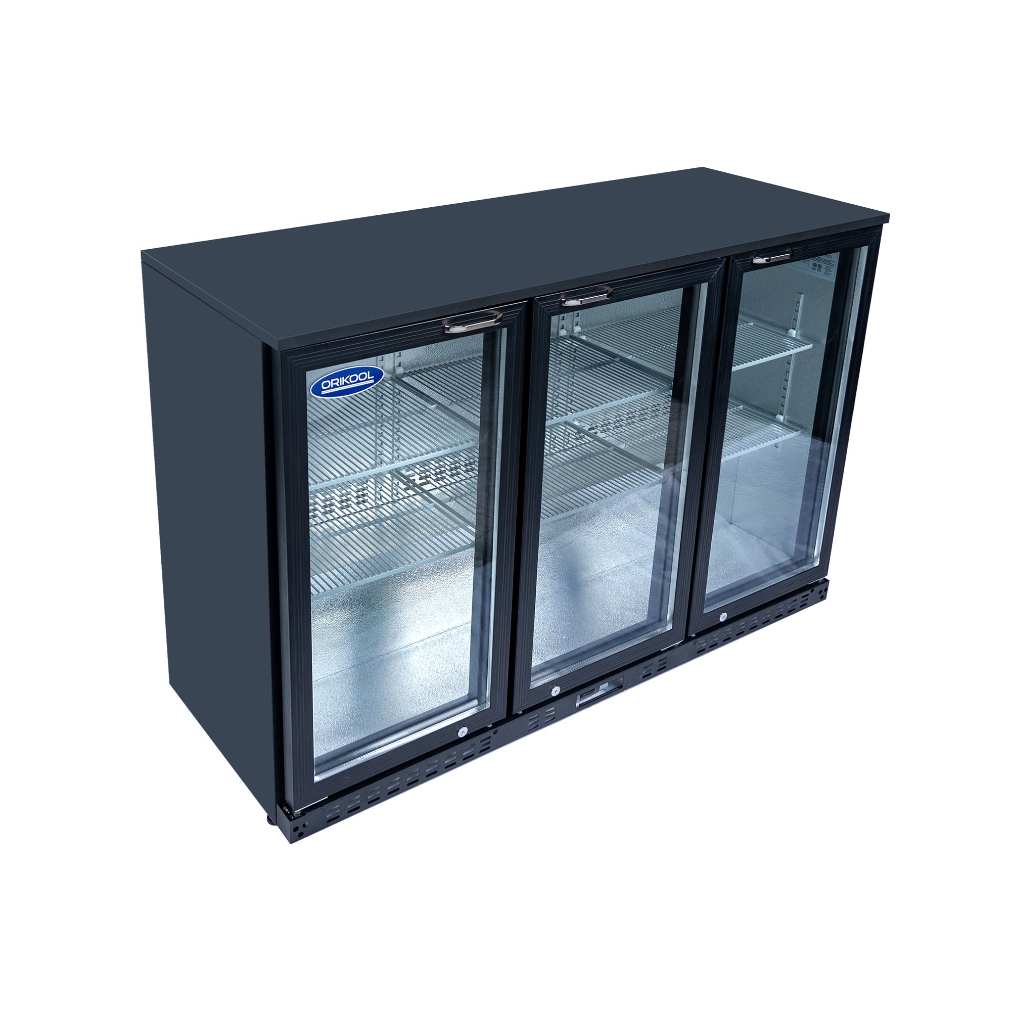 Refrigerador de bebidas ORIKOOL de 53'', enfriador de barra trasera con 3 puertas de vidrio batientes, 11.3 pies cúbicos.